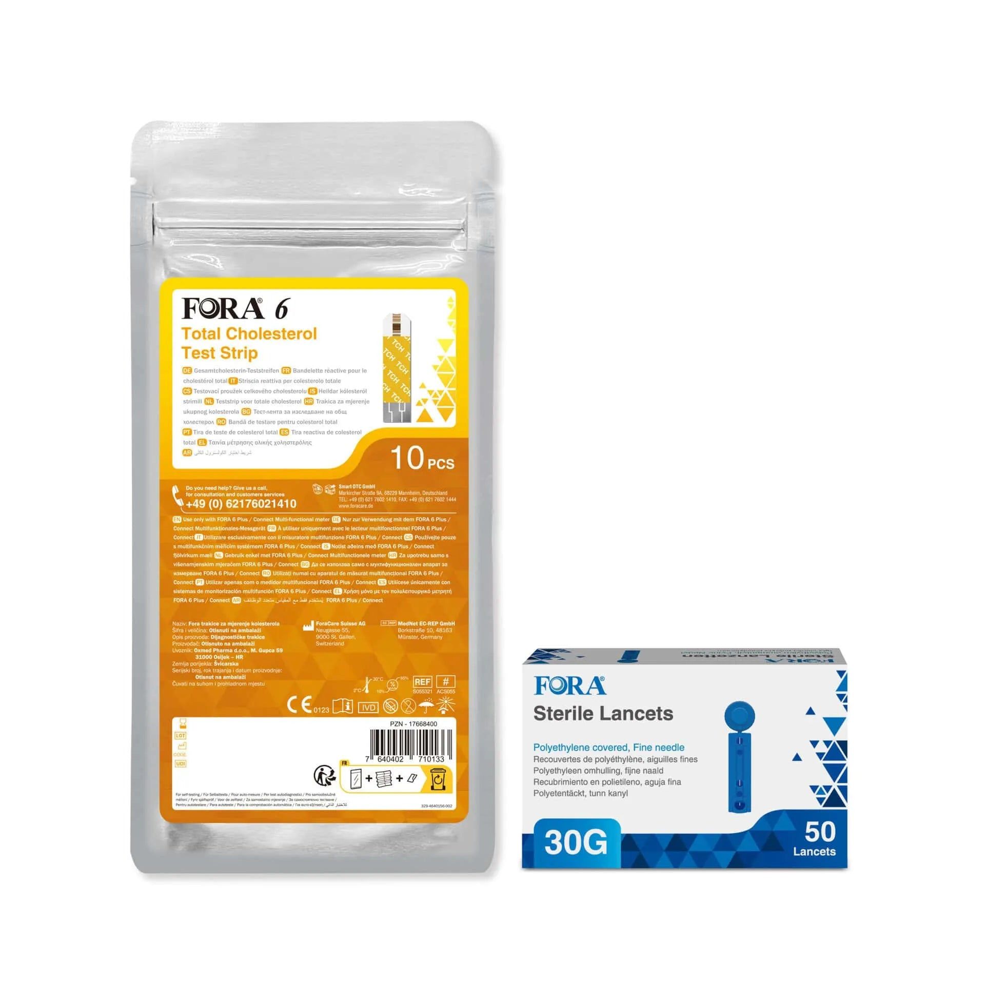 FORA 6 Cholesterin-Teststreifen und FORA Lanzetten. Beutel mit Teststreifen, Box mit Lanzetten.