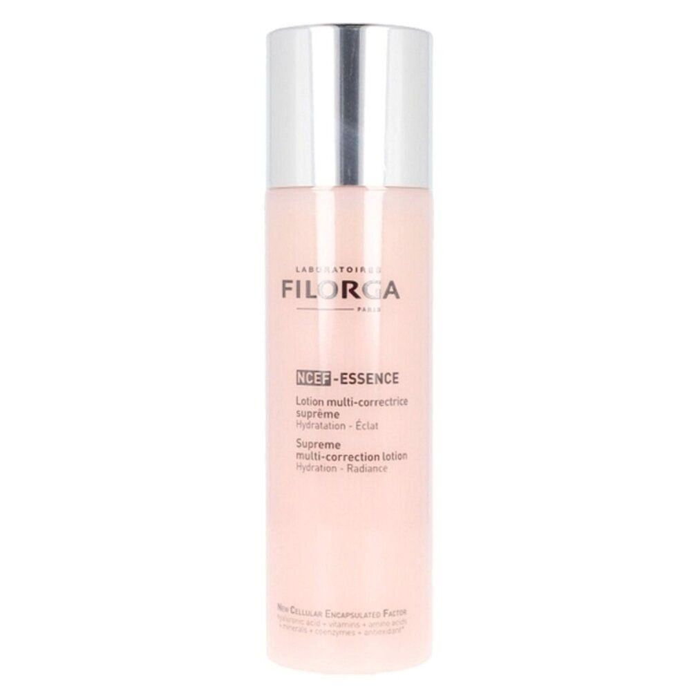 Rosa Flasche mit silbernem Deckel. Aufschrift: Filorga NCEF-Essence. Supreme Multi-Correction Lotion.
