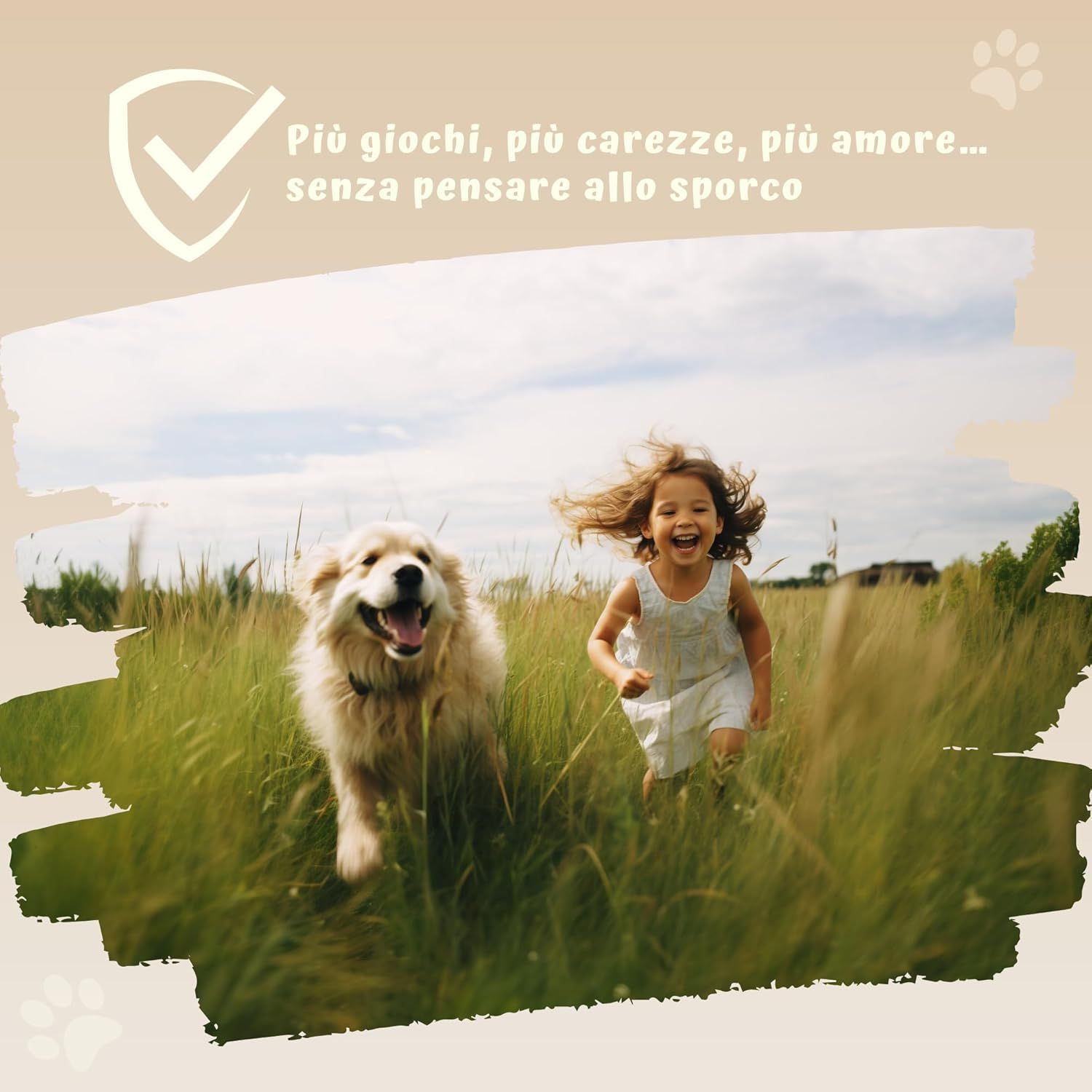 Ein Mädchen und ein Hund rennen über eine Wiese. Text: Più giochi, più carezze, più amore... senza pensare allo sporco.