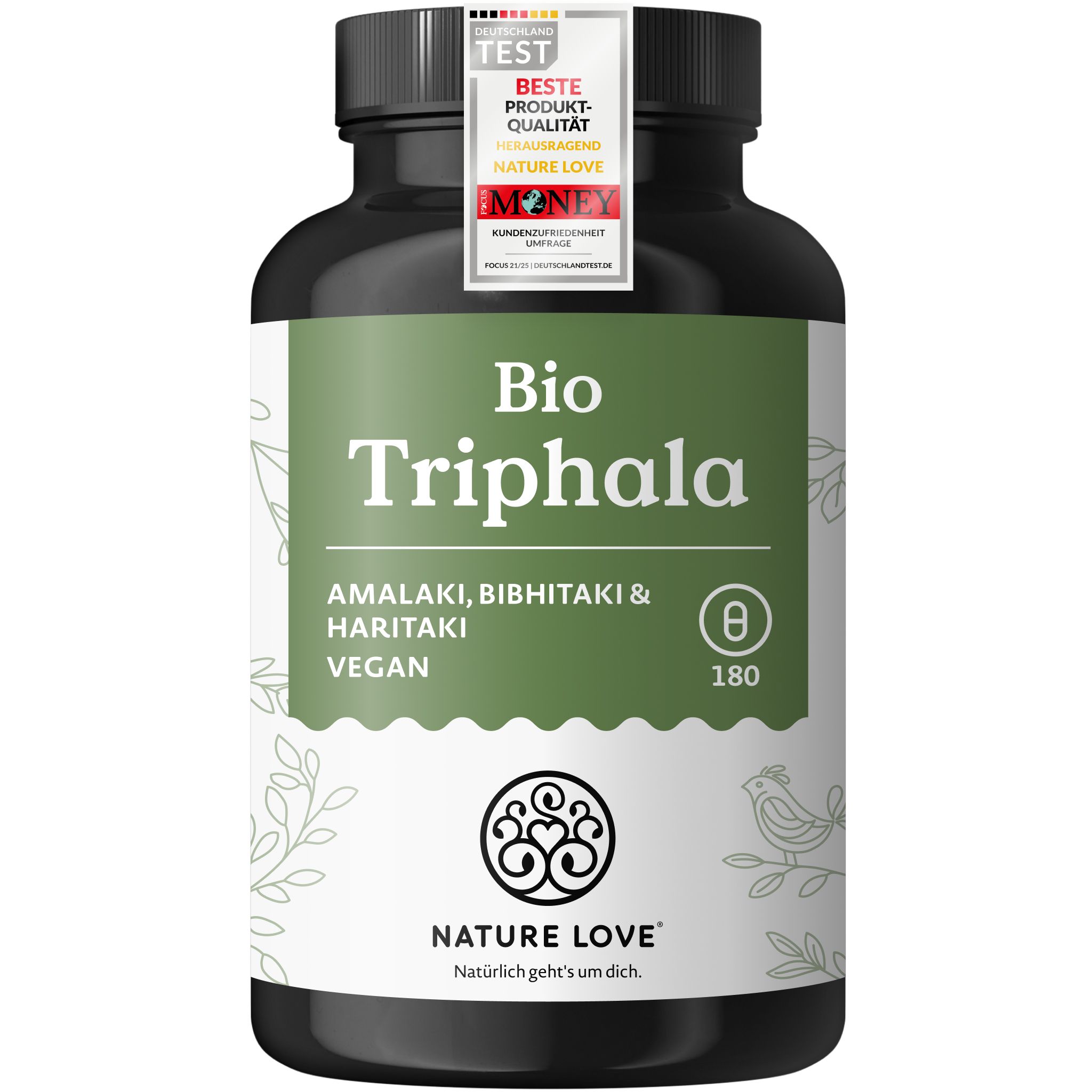 Dunkle Dose mit 'Bio Triphala' Etikett, enthält 180 Kapseln. Oben: 'TEST' Siegel.