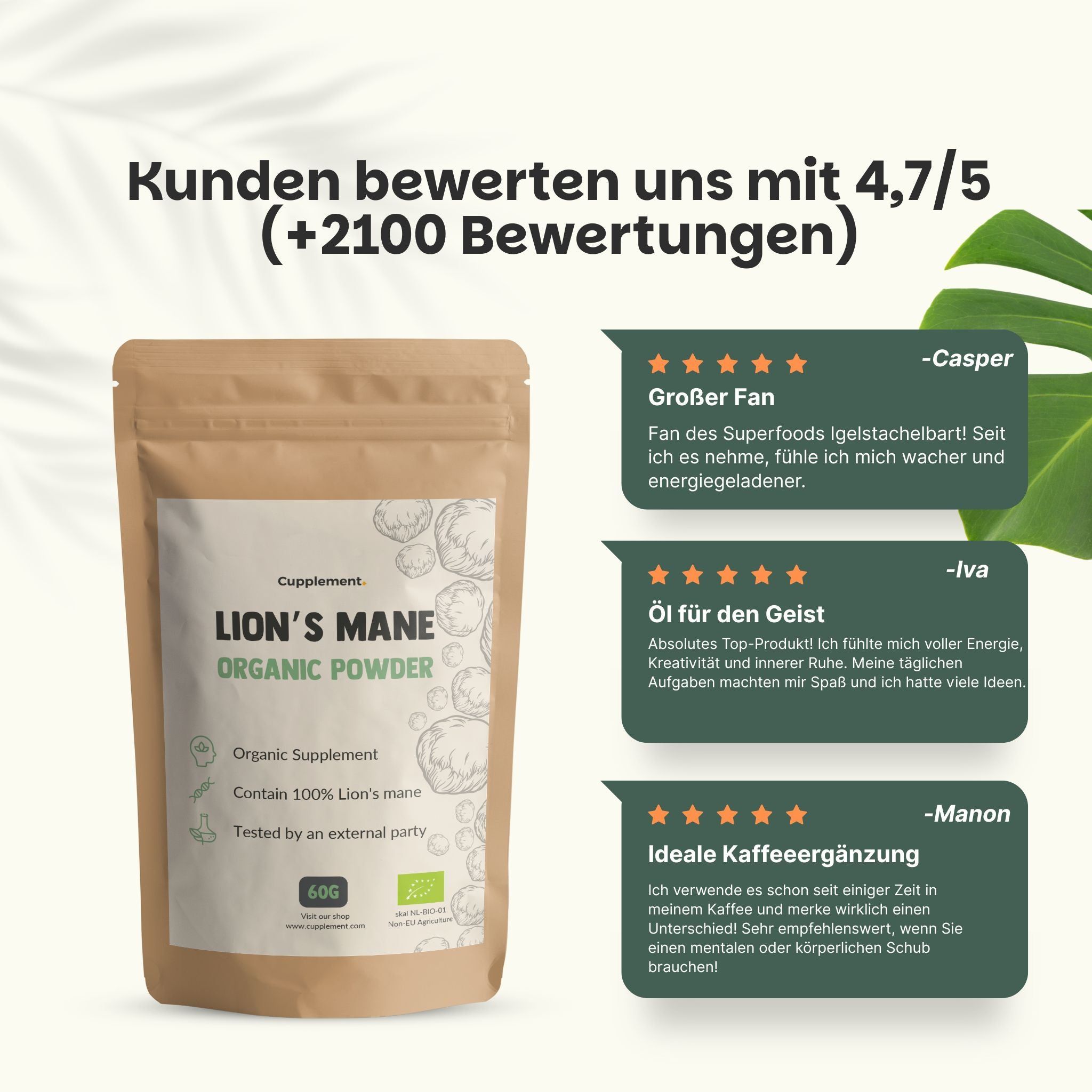 Werbung mit Beutel Löwenmähnen-Pulver. Text: Kunden bewerten uns mit 4,7/5. Zitate von Kunden.
