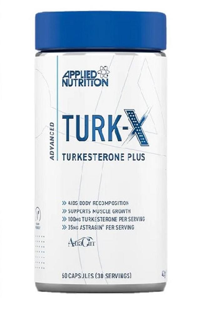 Weißes Fläschchen mit blauem Deckel. Aufschrift: Applied Nutrition, Turk-X, Turkesterone Plus. Enthält 50 Kapseln (30 Portionen).