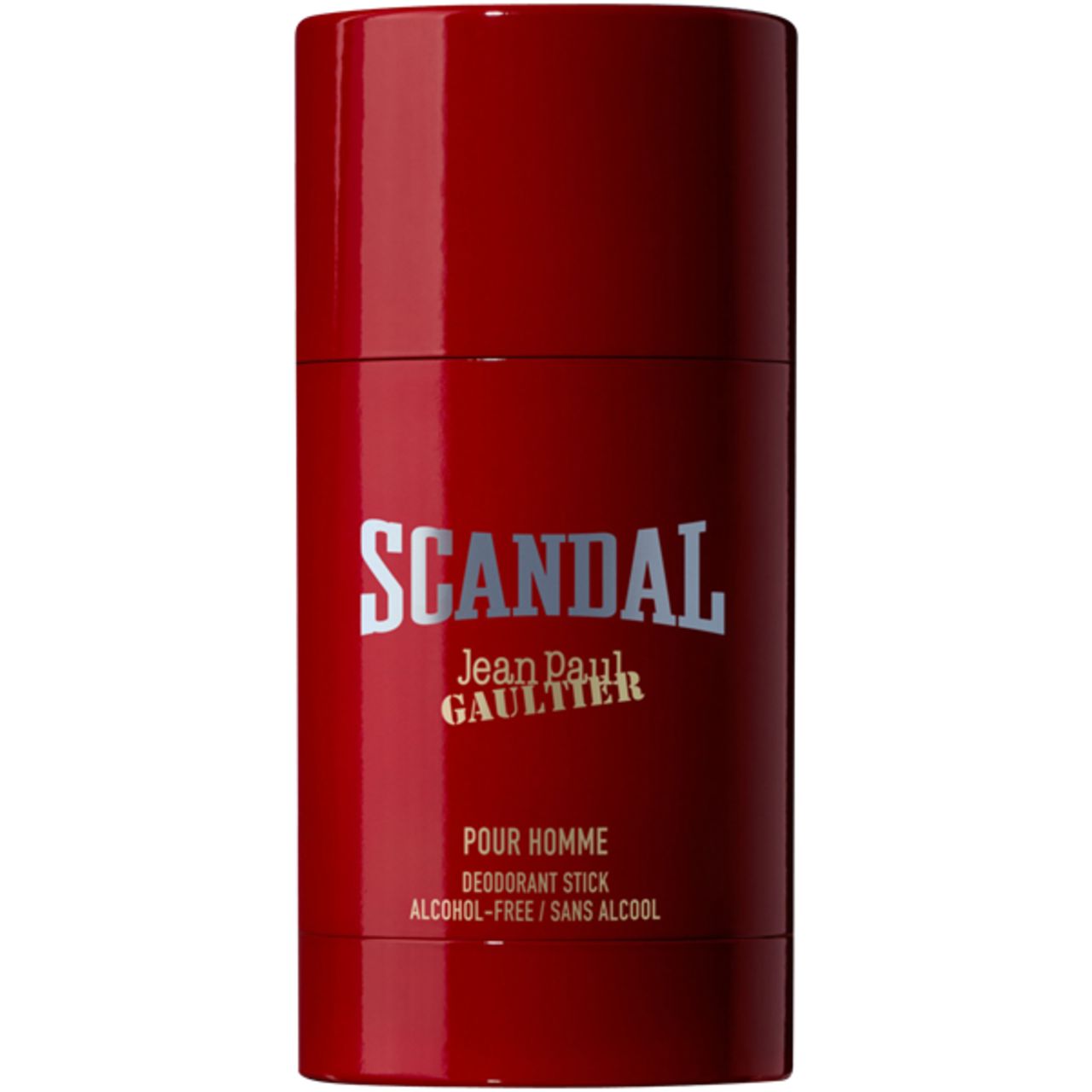 Roter Deostift. Aufschrift: SCANDAL, Jean Paul Gaultier, POUR HOMME, Deodorant Stick, ALCOHOL-FREE / SANS ALCOOL.