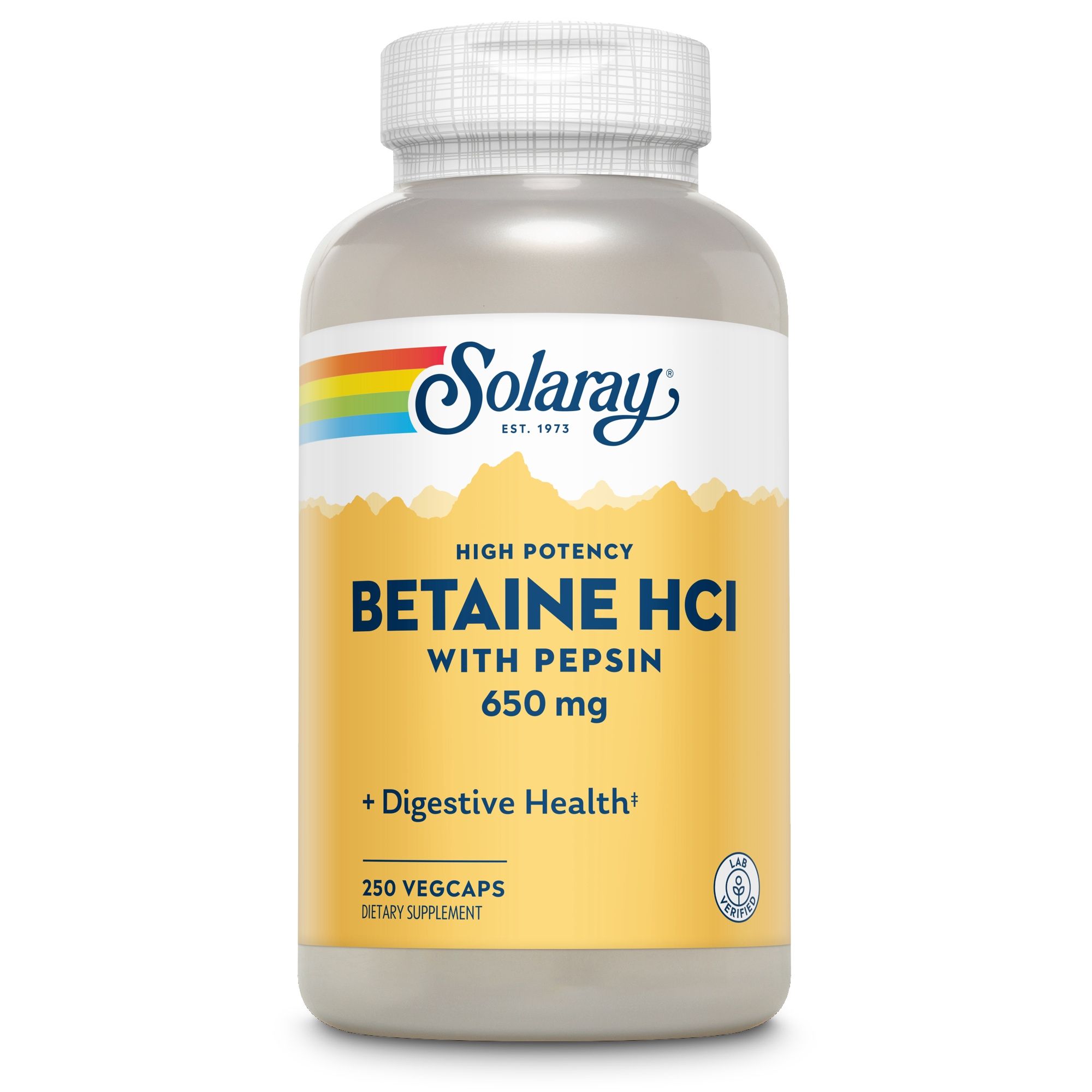 Solaray Betain HCl 650 mg + Pepsin. Weiße Flasche, gelbes Etikett. Text: High Potency, 250 Vegcaps, + Digestive Health.