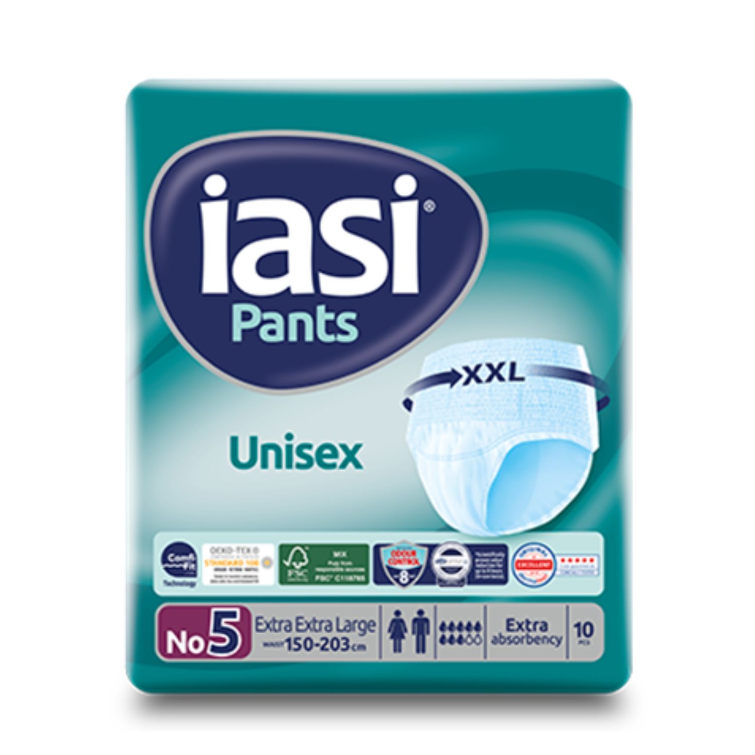 Verpackung IASI Pants Unisex, Größe XXL. Türkis-weiß. Aufdruck: IASI, Pants, Unisex, Größe 5, Extra Large, 150-203cm, Extra Absorption, 10 Stück.