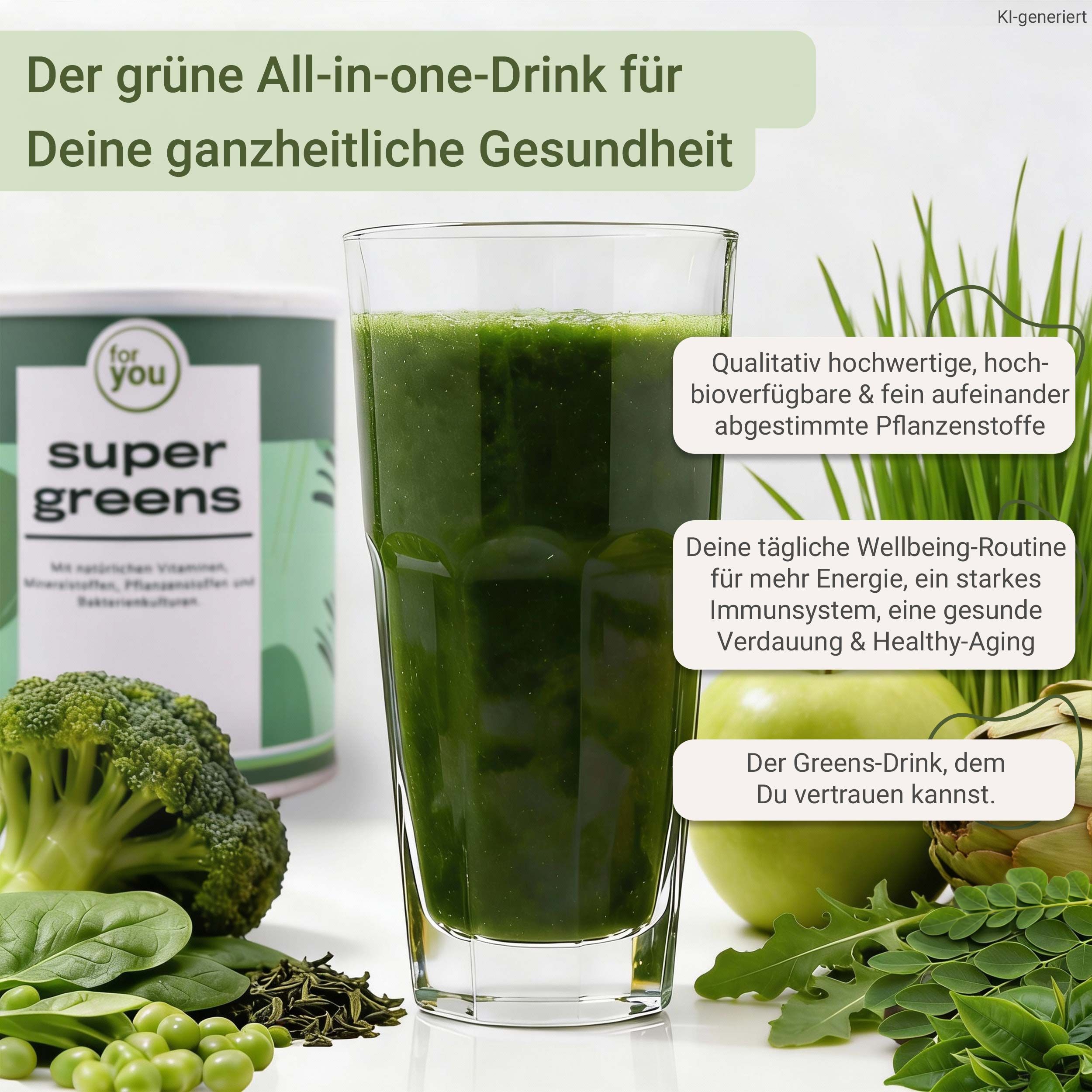 Glas mit grünem Super Greens Drink, daneben Dose, Brokkoli, Spinat und Apfel.