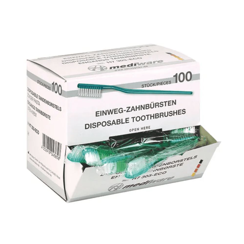 Verpackung mit 100 einzeln verpackten, grünen Einweg-Zahnbürsten.