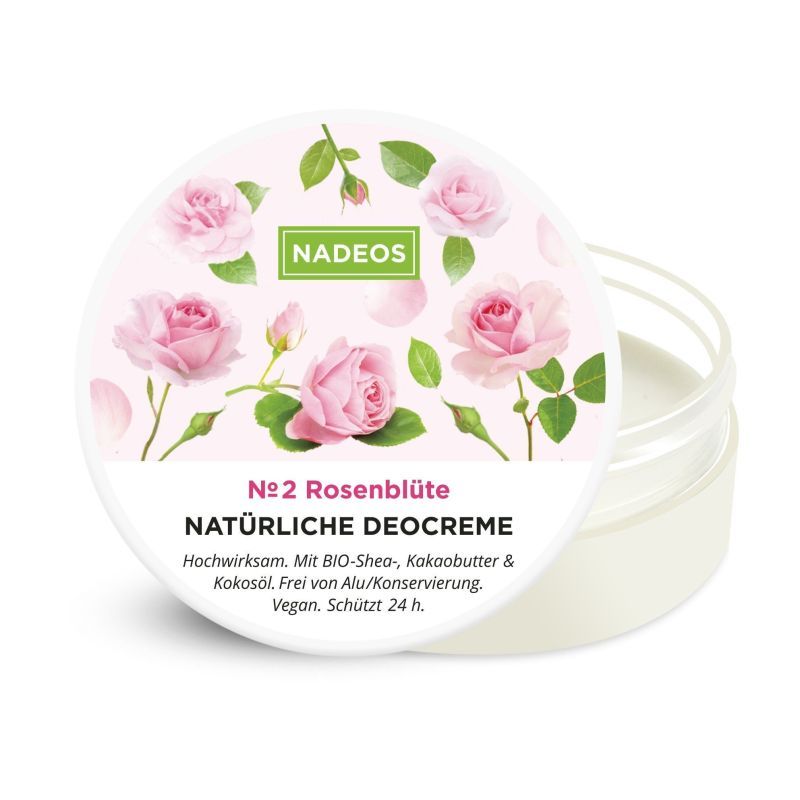 Deocreme-Behälter mit Deckel. Deckel mit Rosenblüten-Dekor und Schriftzug NADEOS. Text: Natürliche Deocreme, Nr. 2 Rosenblüte.