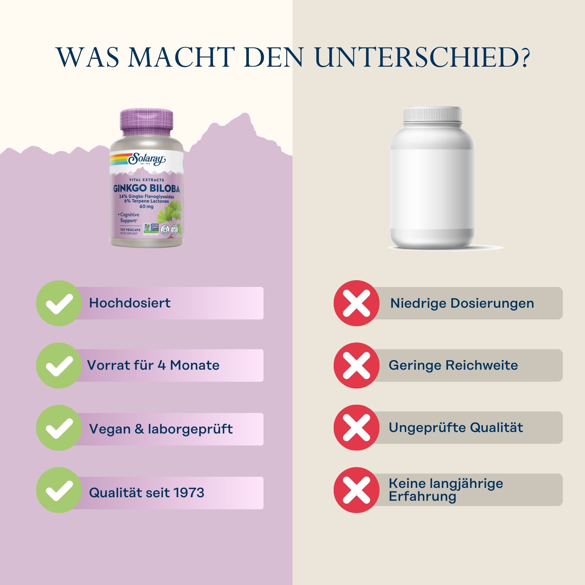 Vergleich Solaray Ginkgo Biloba mit einem anderen Produkt. Solaray: hochdosiert, vegan, Qualität seit 1973. Andere: niedrige Dosierung, ungeprüft.