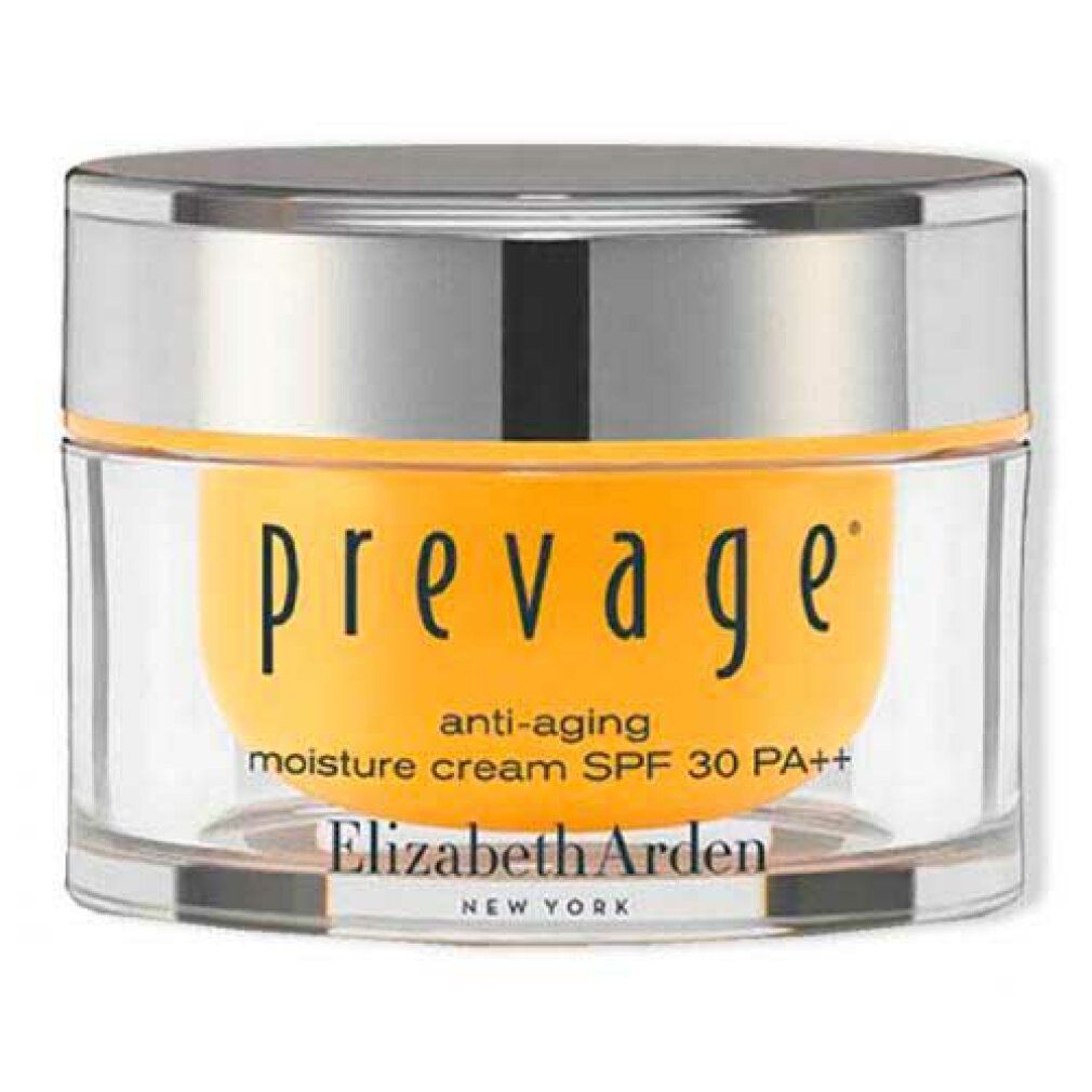 Cremebehälter mit silbernem Deckel. Aufschrift: prevage, anti-aging moisture cream SPF 30 PA++. Marke: Elizabeth Arden.