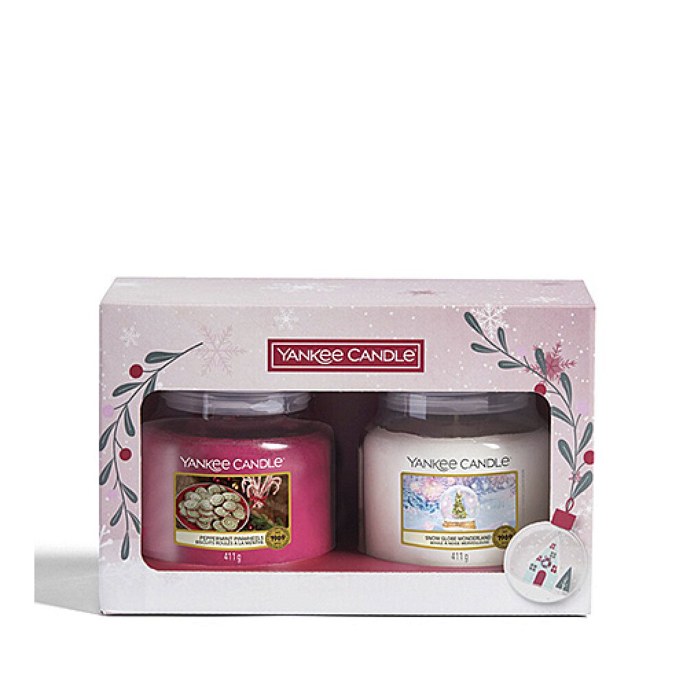 Geschenkset mit zwei Yankee Candle Gläsern. Rosa und weiß, in Geschenkbox mit Logo und Ornament. 411g.