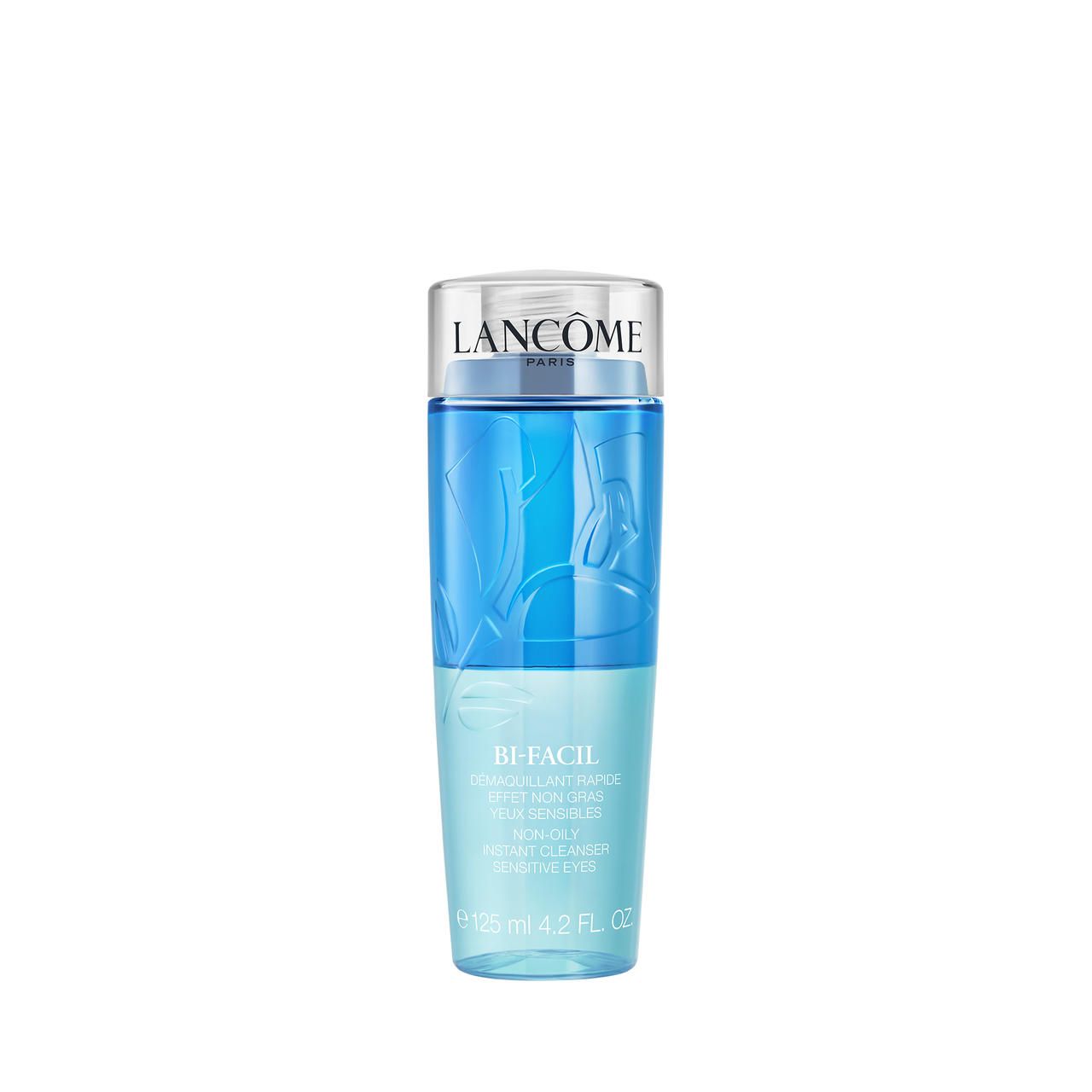 LANCÔME Bi-Facil Make-up-Entferner. Blaue Flasche mit transparentem Deckel. Produktname und Volumenangabe.
