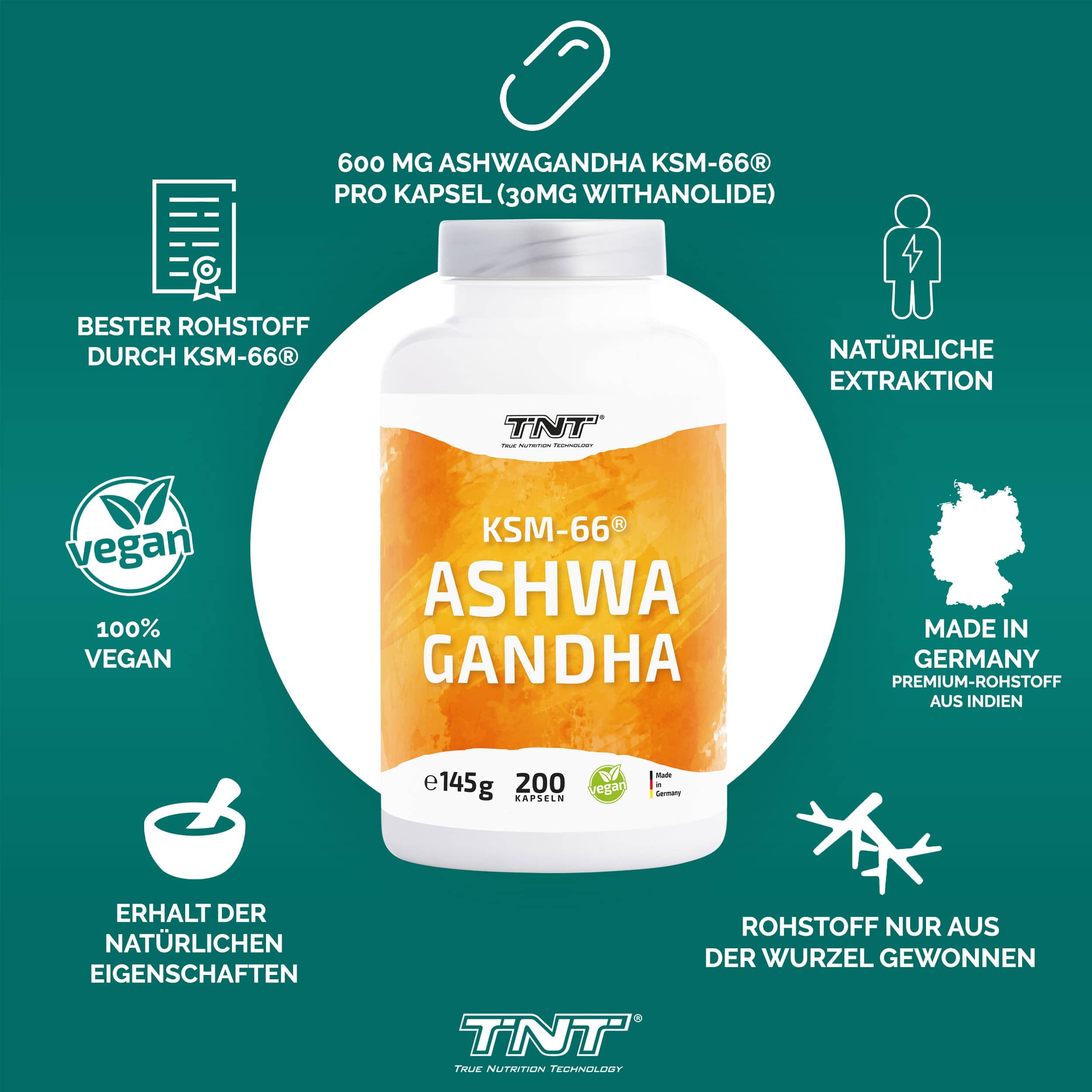 Weiße Flasche mit Kapseln. Aufkleber mit Text: KSM-66 Ashwagandha, 200 Kapseln, vegan. Marke: TNT. Grafiken.