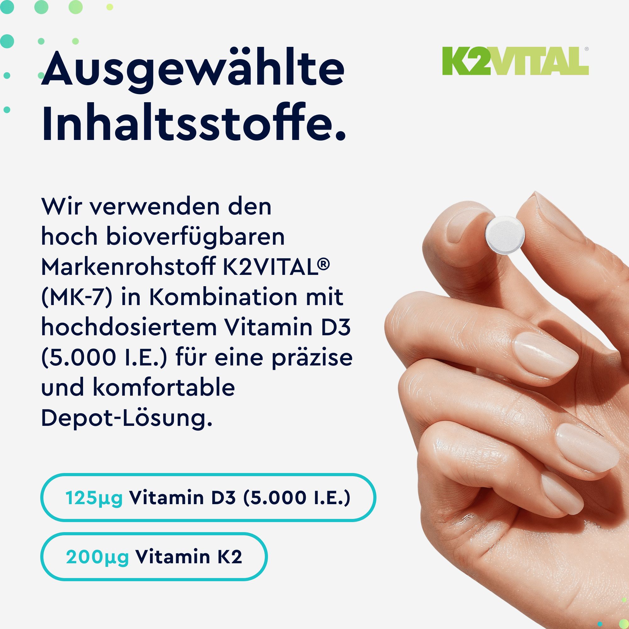 Inhaltsstoffe: K2VITAL® (MK-7) und hochdosiertes Vitamin D3 (5.000 I.E.).