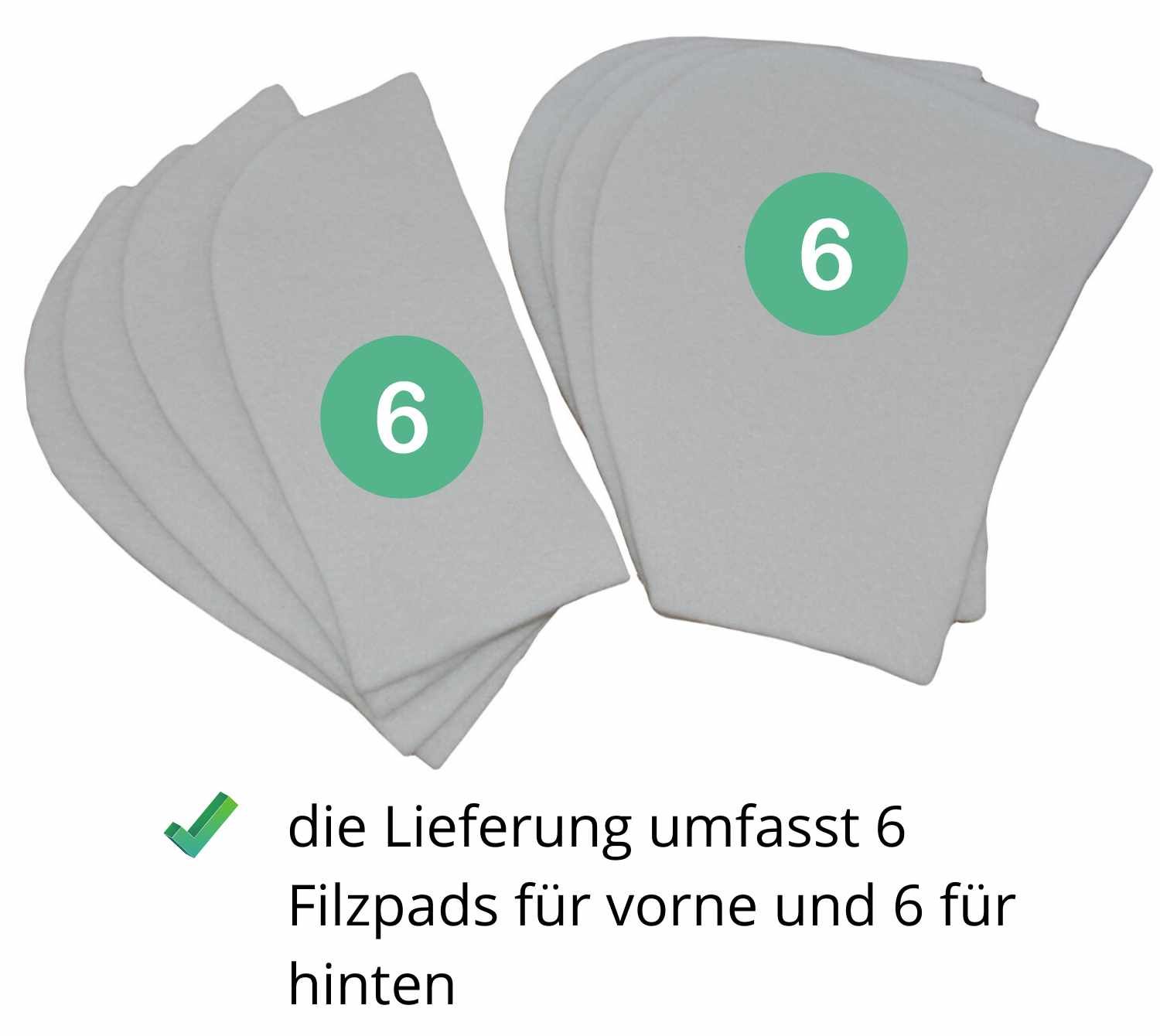 Sechs Filzpads, je mit der Zahl 6 gekennzeichnet. Lieferung umfasst 6 Pads für vorne und 6 für hinten.
