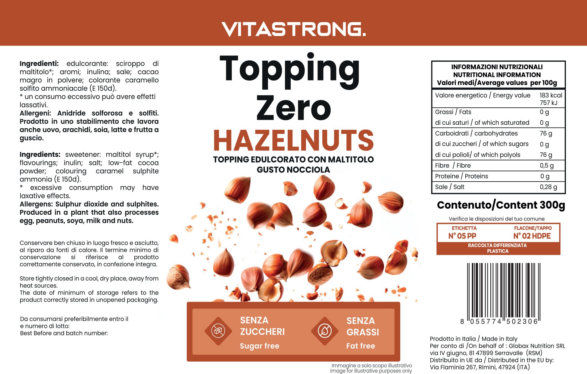 Verpackung von Topping Zero Hazelnuts. Text: Zuckerfrei, fettfrei. Zutatenliste und Nährwertangaben.