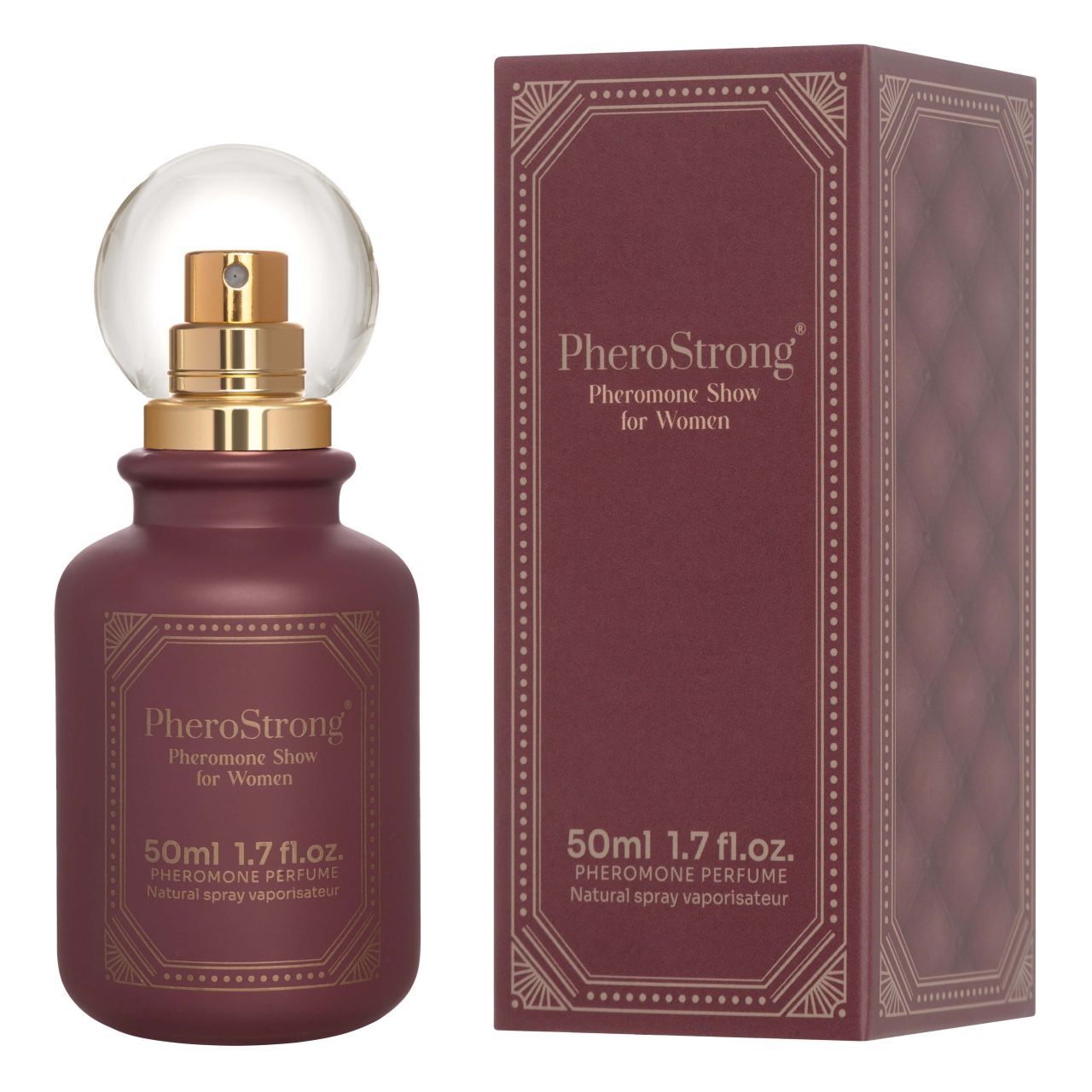 PheroStrong Pheromon-Parfum für Frauen, 50ml. Flakon mit goldenem Sprühkopf und Glaskugelverschluss, daneben die passende Verpackung.