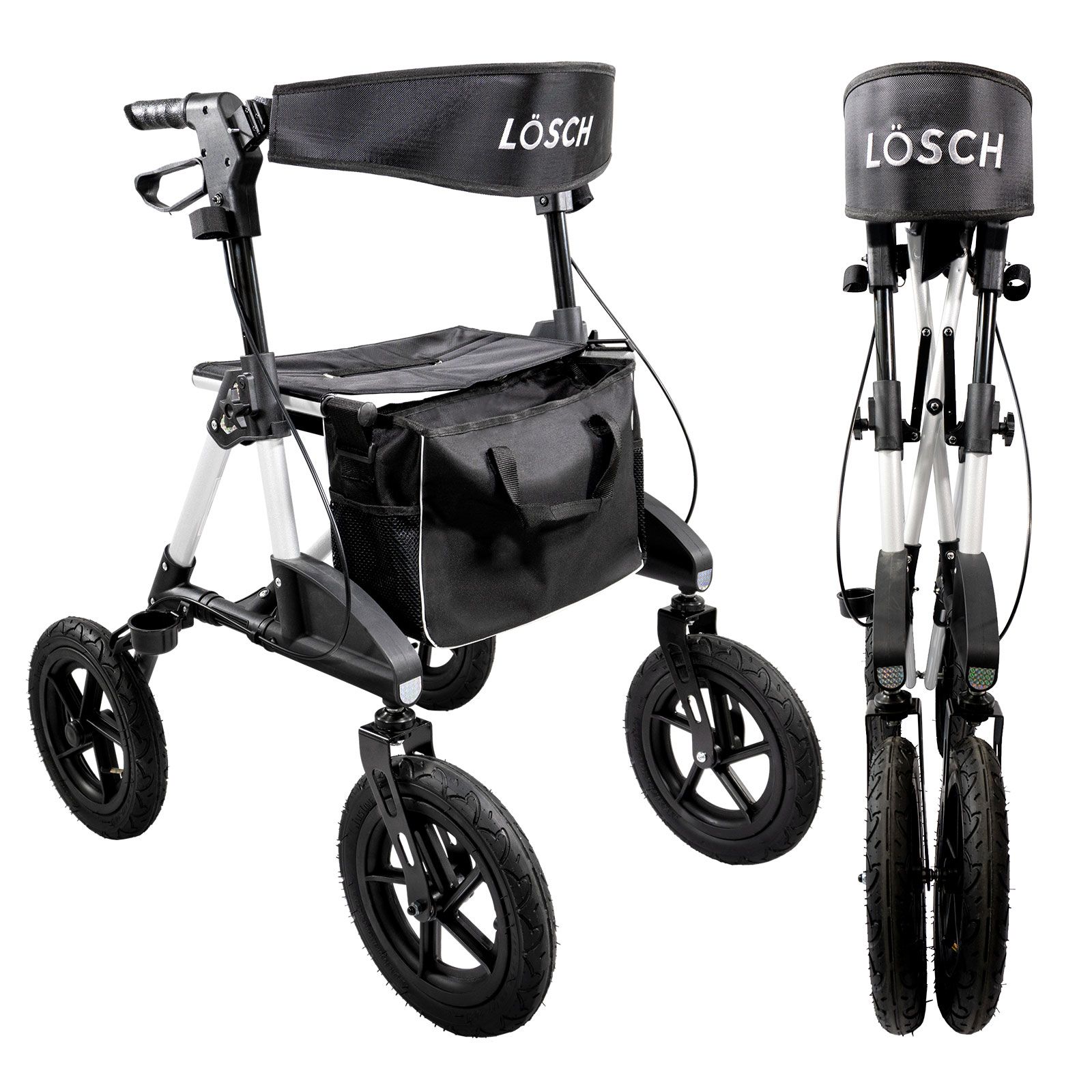 Rollator mit schwarzem Sitz und Tasche, zusammengeklappt daneben. Schwarze Räder, silberner Rahmen. Marke: Lösch.