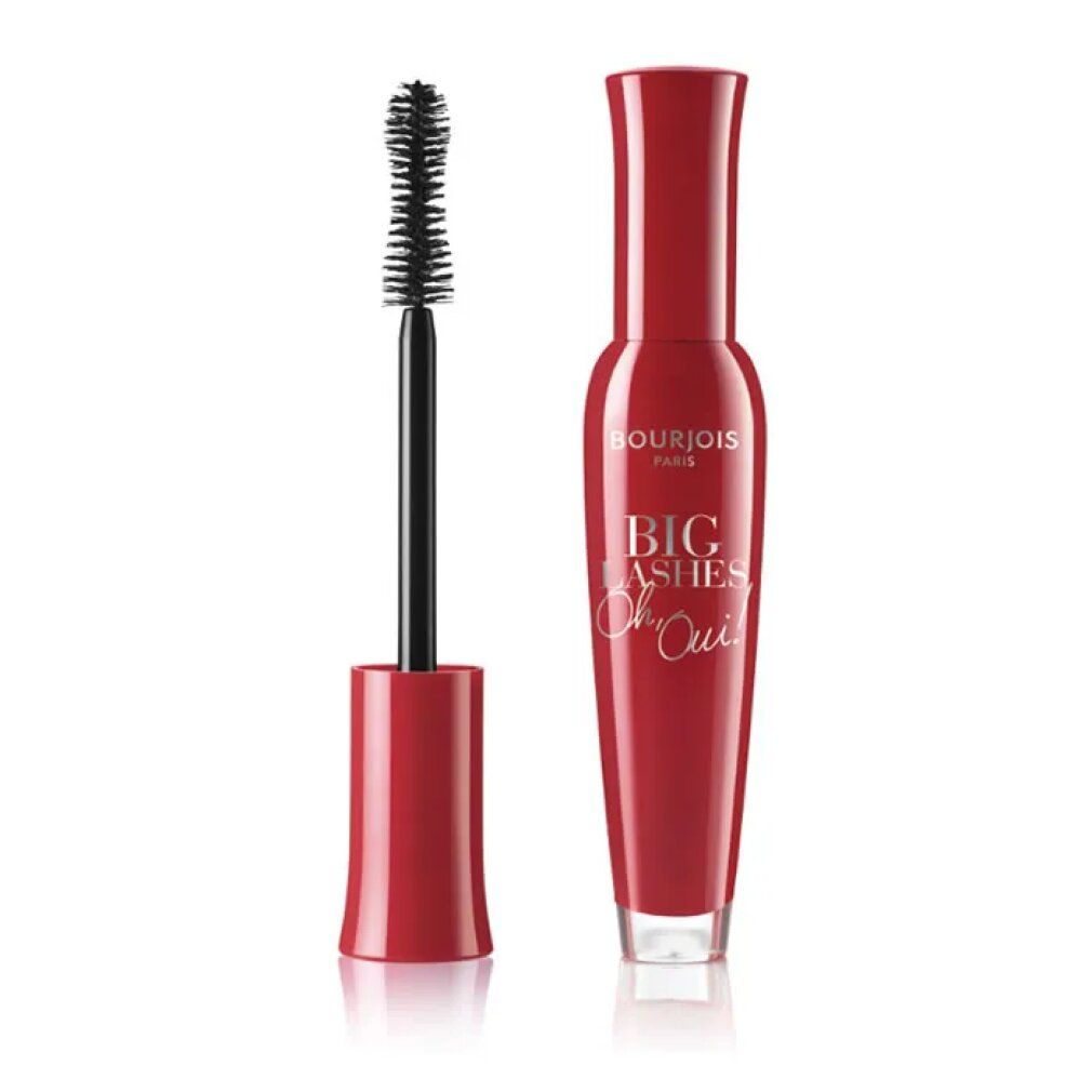 Rote Mascarabürste und -flasche. Aufschrift: Bourjois Paris, Big Lashes Oui. Schwarze Bürste.