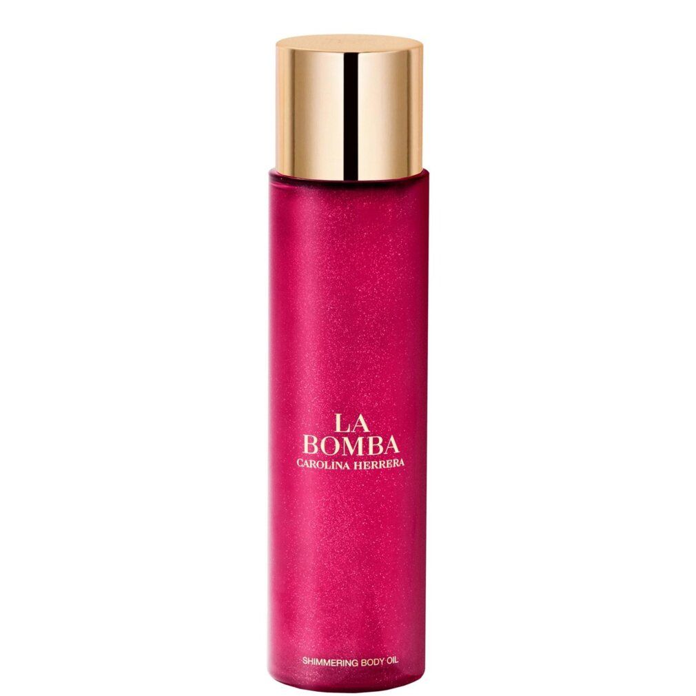 Rote Flasche mit goldenem Deckel. Aufschrift: LA BOMBA CAROLINA HERRERA. Text: SHIMMERING BODY OIL.