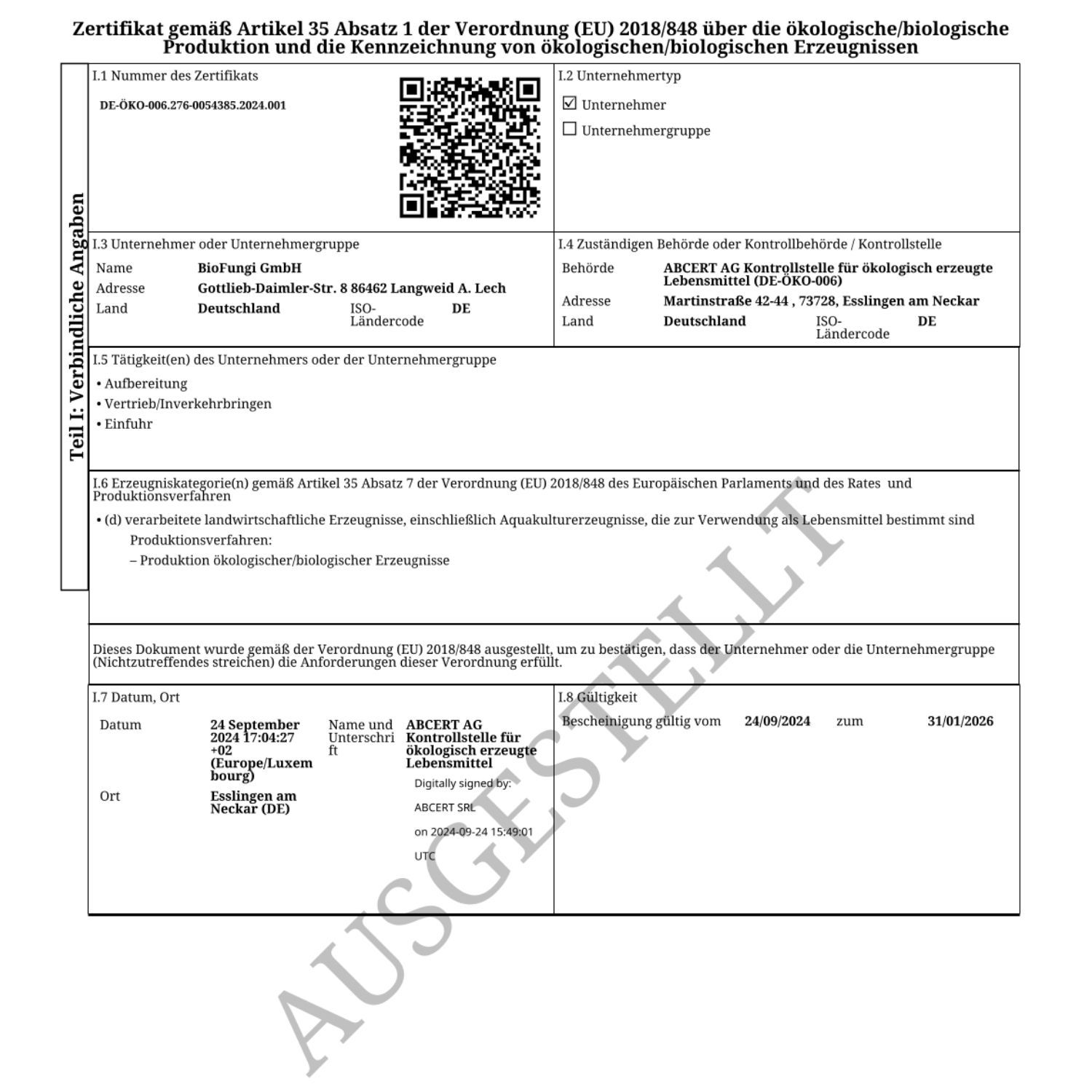 Zertifikat. Text in Deutsch. QR-Code. Stempel: AUSGESTELLT.