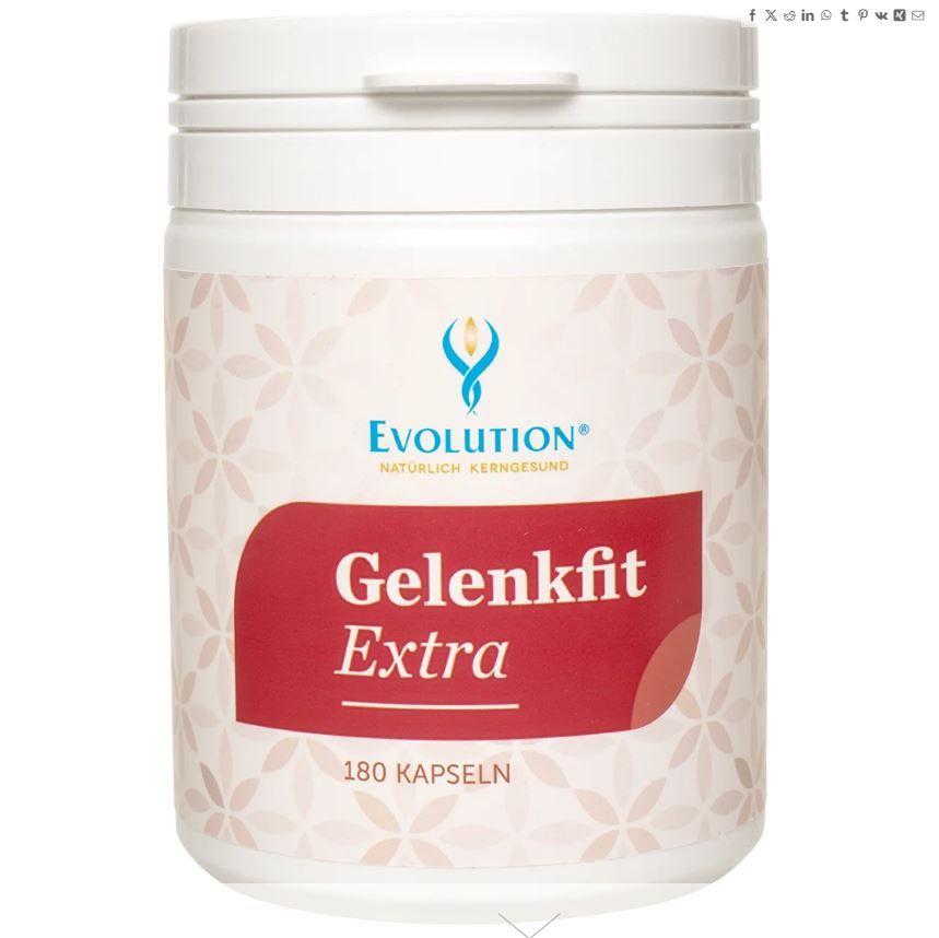 Weiße Dose mit Deckel. Aufschrift: Evolution, Gelenkfit Extra, 180 Kapseln. Logo mit blauem und gelbem Element.