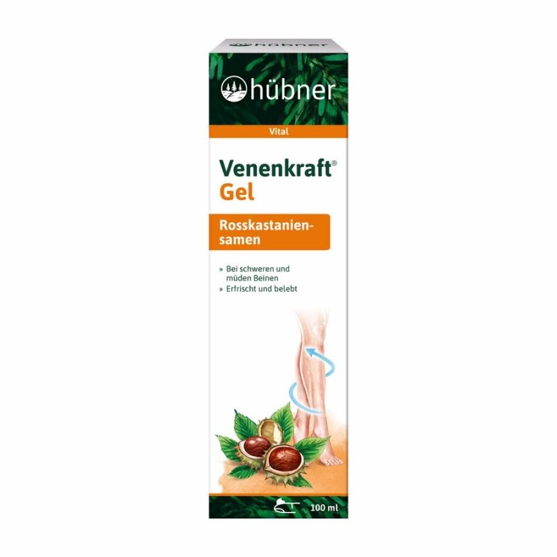 Verpackung mit Produktbezeichnung: Venenkraft Gel, Rosskastaniensamen. Logo: Hübner. Abbildung von Rosskastanien und Bein.