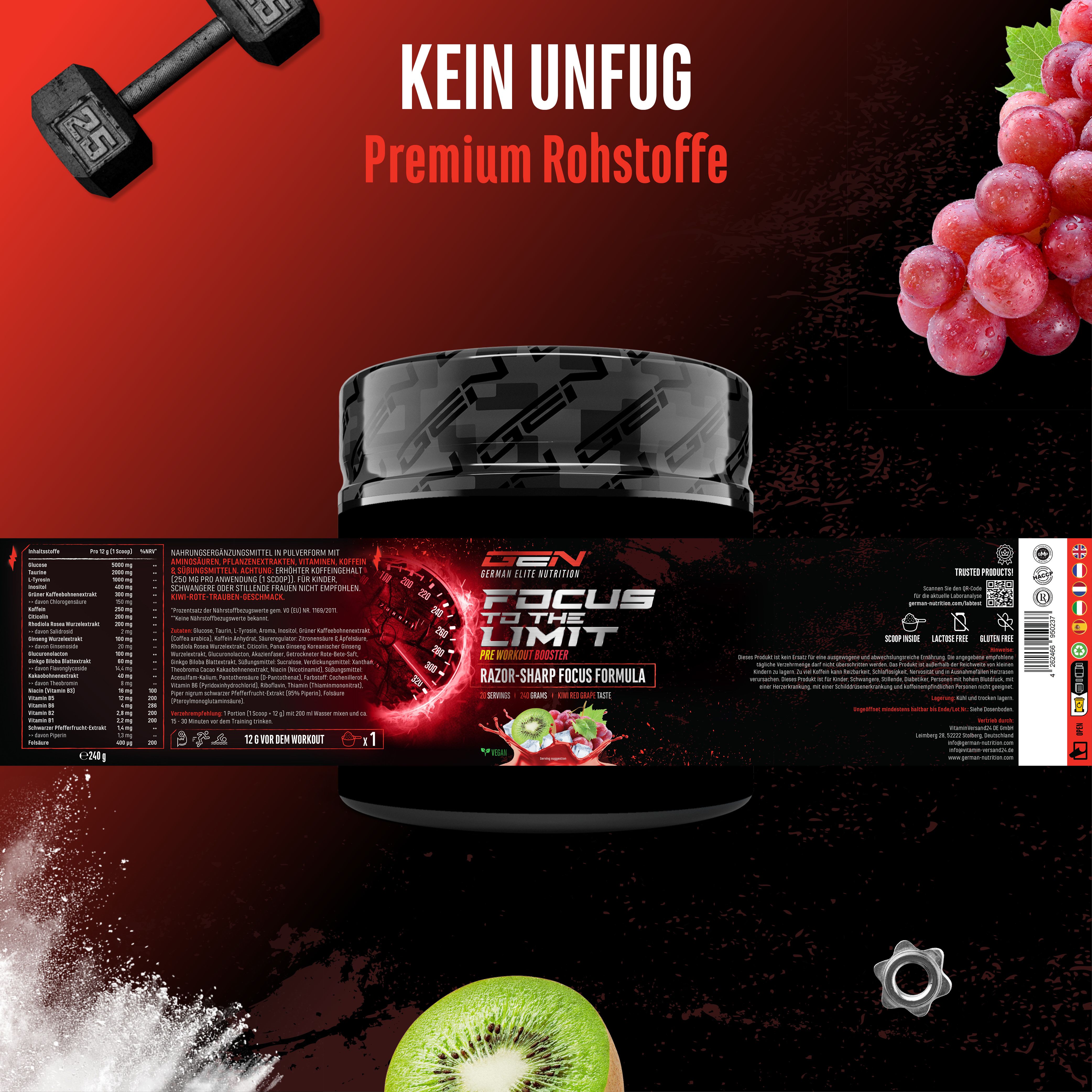 Produktverpackung mit Inhaltsstoffangaben. Dose mit "FOCUS TO THE LIMIT". Kiwi- und Traubenabbildung. Text: "KEIN UNFUF Premium Rohstoffe".