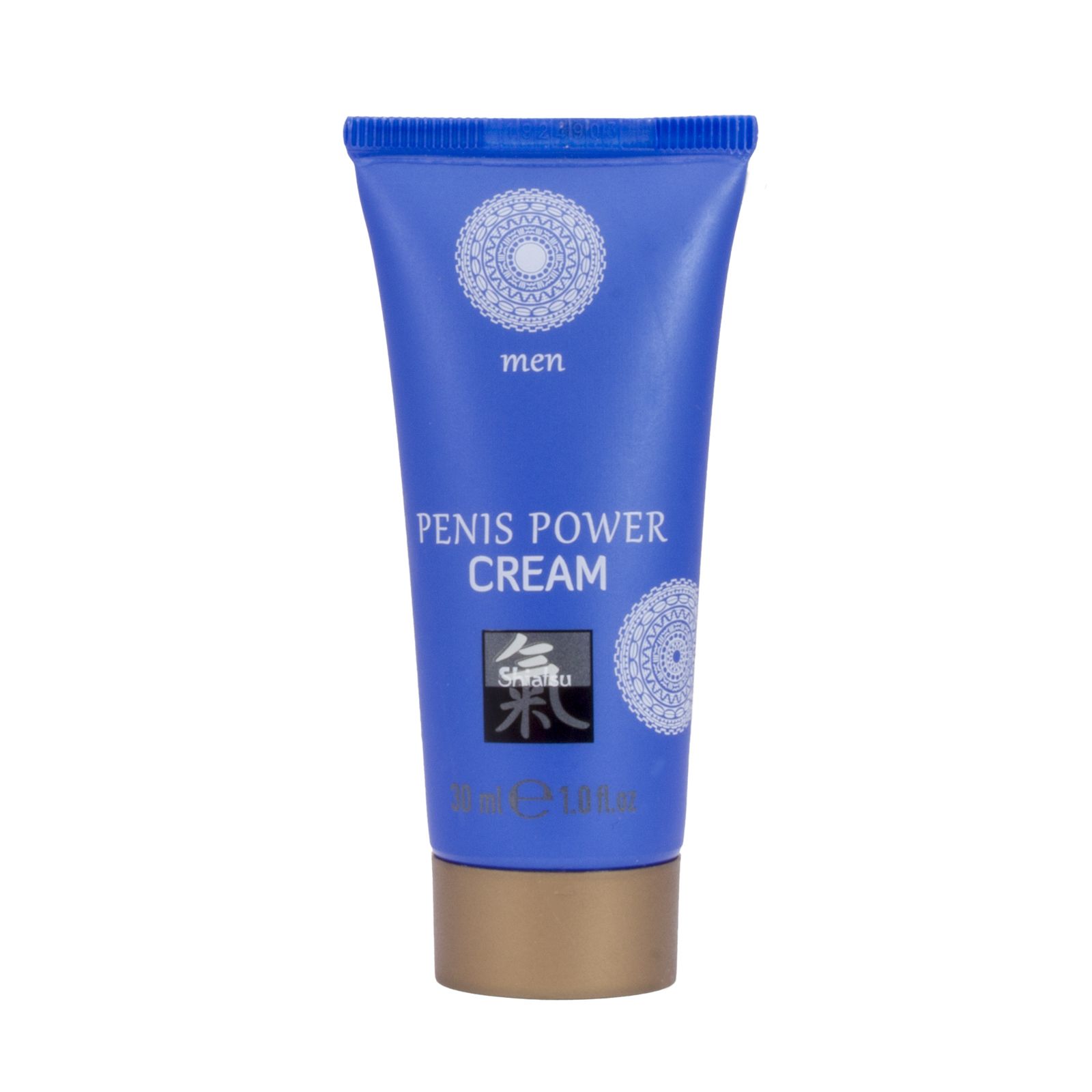 Blaue Tube mit Produktnamen und Logo. Text: Penis Power Cream. Marke: Shiatsu. 30 ml.