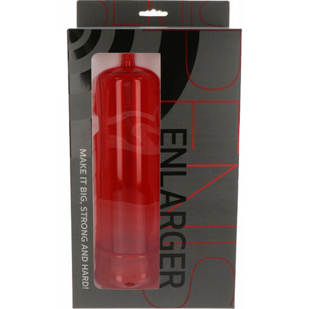 Verpackung mit roter Penispumpe. Text: PENIS ENLARGER, Make it Big, Strong and Hard! Grauer Hintergrund.
