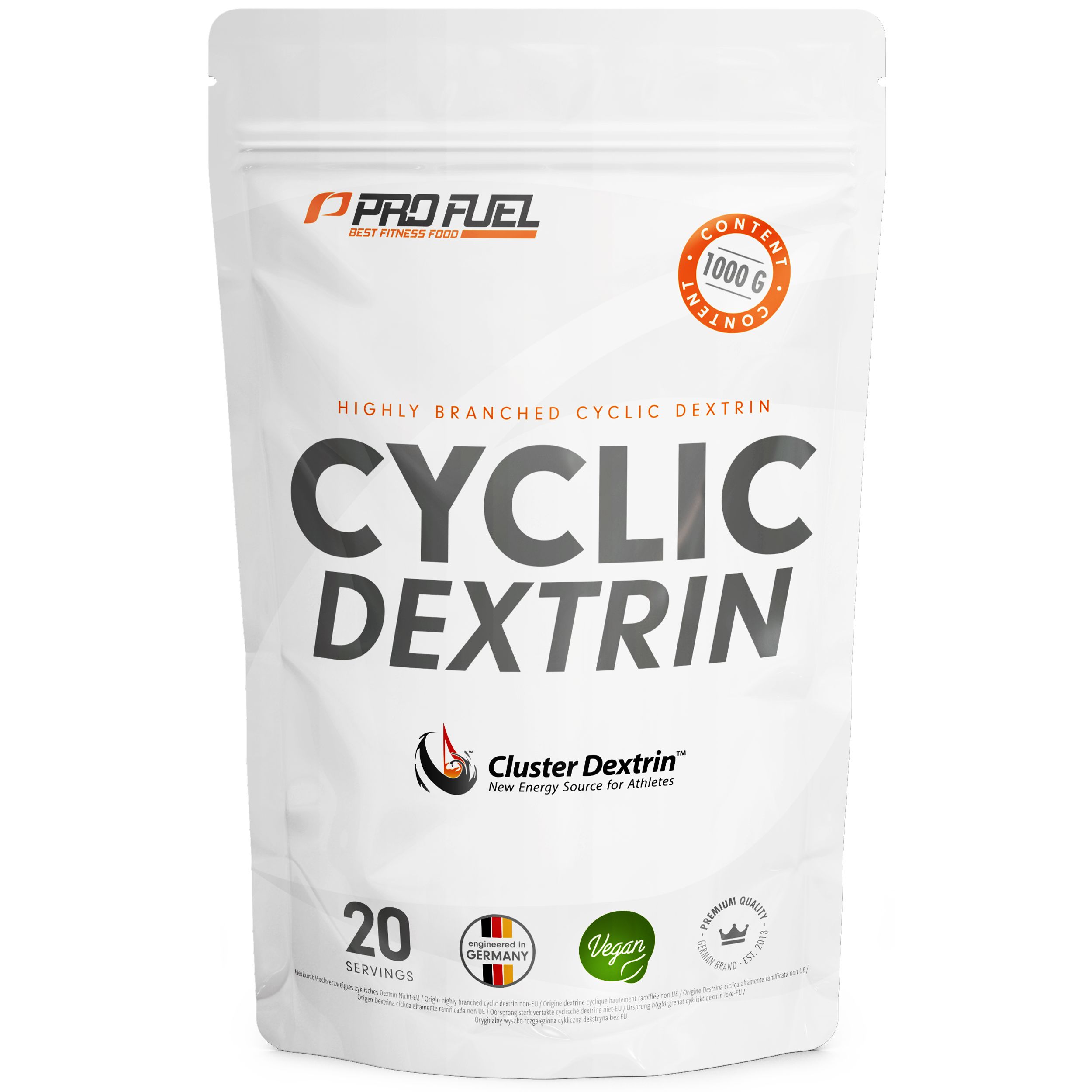 Weiße Tüte "ProFuel Cyclic Dextrin".  20 Portionen, 1000g Inhalt.  Made in Germany, Vegan.