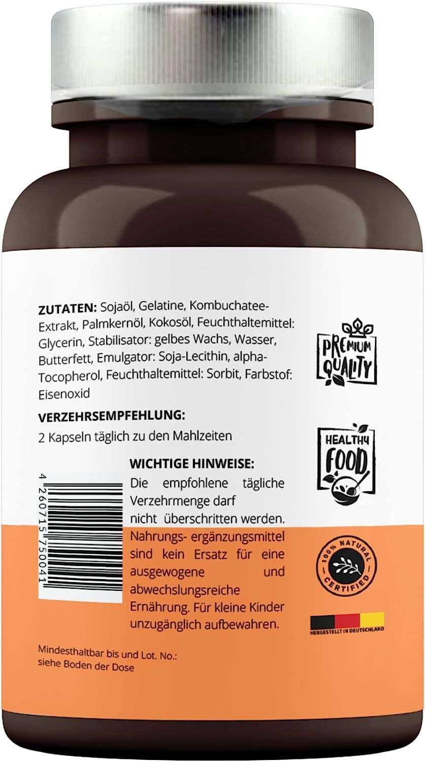 Braune Flasche mit Kombucha Kapseln. Zutatenliste, Verzehrempfehlung und wichtige Hinweise. Siegel: Premium Qualität, Healthy Food.