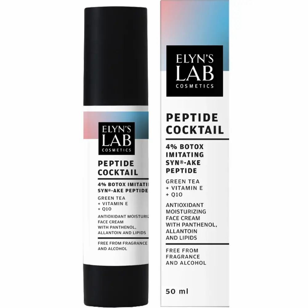 Gesichtscreme-Tube und Verpackung. Etikett mit Produktnamen und Inhaltsstoffen. Marke: Elyn's Lab. 50 ml.