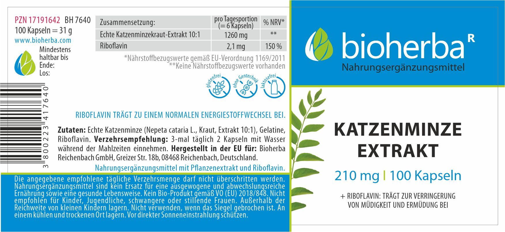 Etikett mit Produktinformationen. Bioherba Katzenminze Extrakt, 210 mg, 100 Kapseln. Enthält Riboflavin. Glutenfrei, laktosefrei.