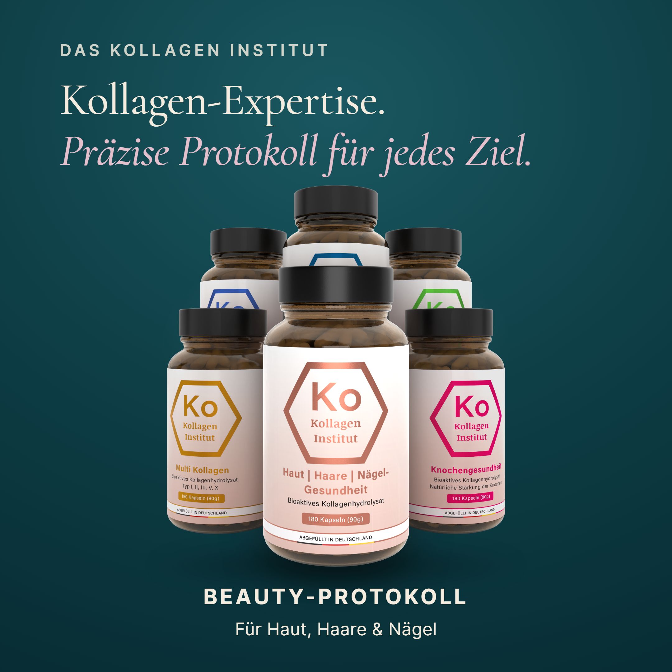 Mehrere Flaschen Kollagen Institut Produkte in verschiedenen Farben, gruppiert auf dunklem Hintergrund.