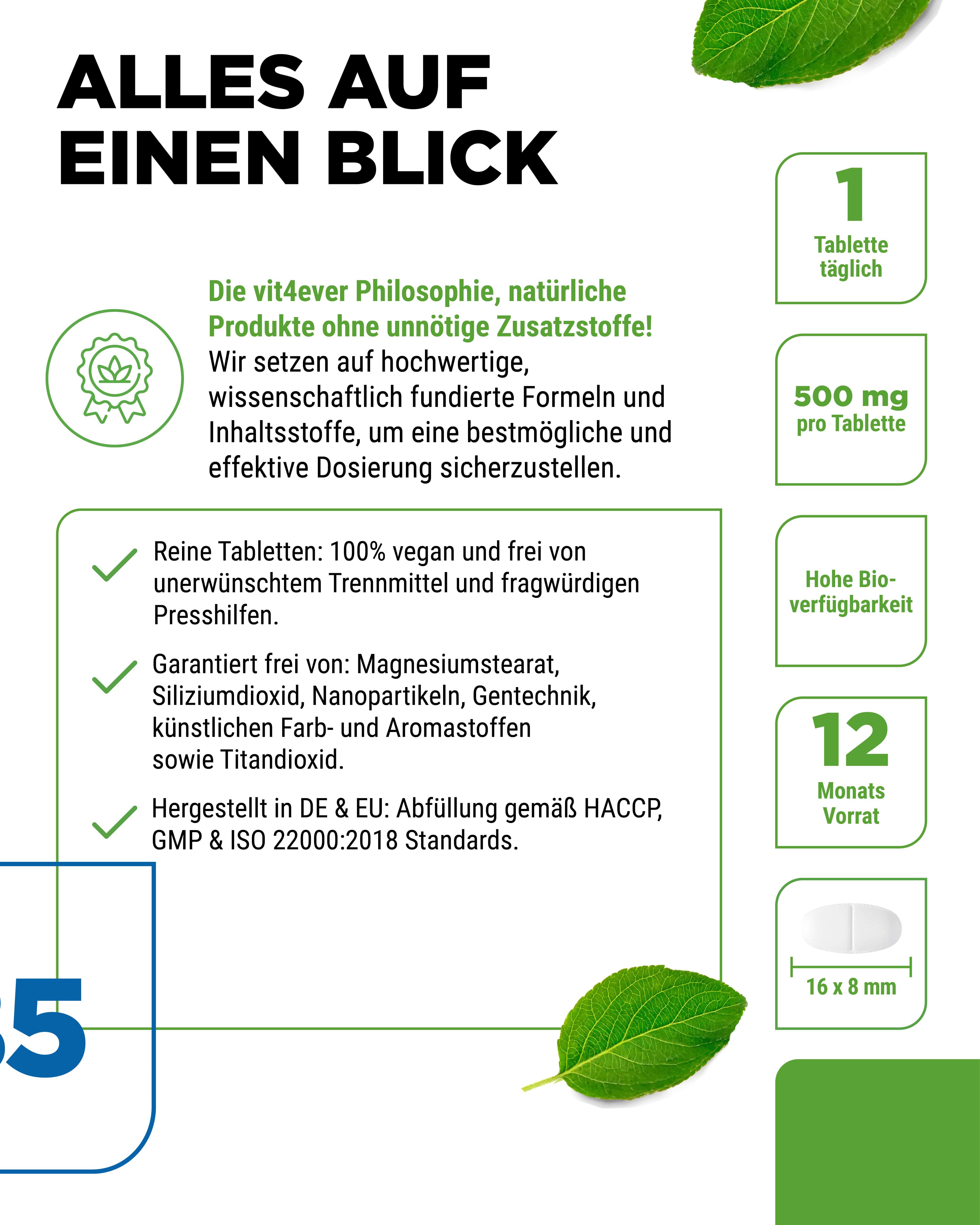 Text mit Icons und Produktinformationen. Text: 1 Tablette täglich, 500 mg pro Tablette, 12 Monatsvorrat. Tablette: 16 x 8 mm.