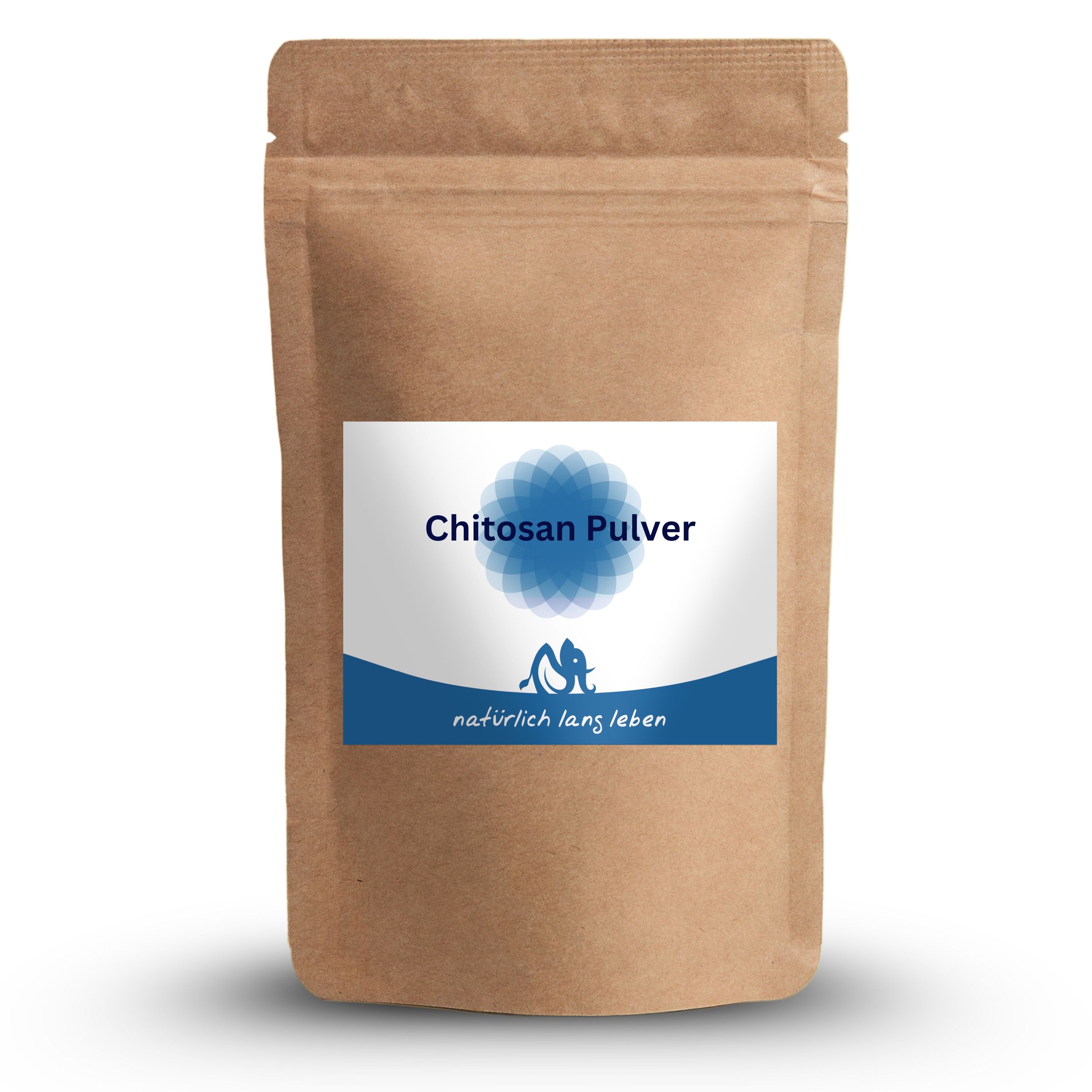 Braune Tüte mit blau-weißem Etikett. Aufschrift: Chitosan Pulver, natürlich lang leben. Siegel.