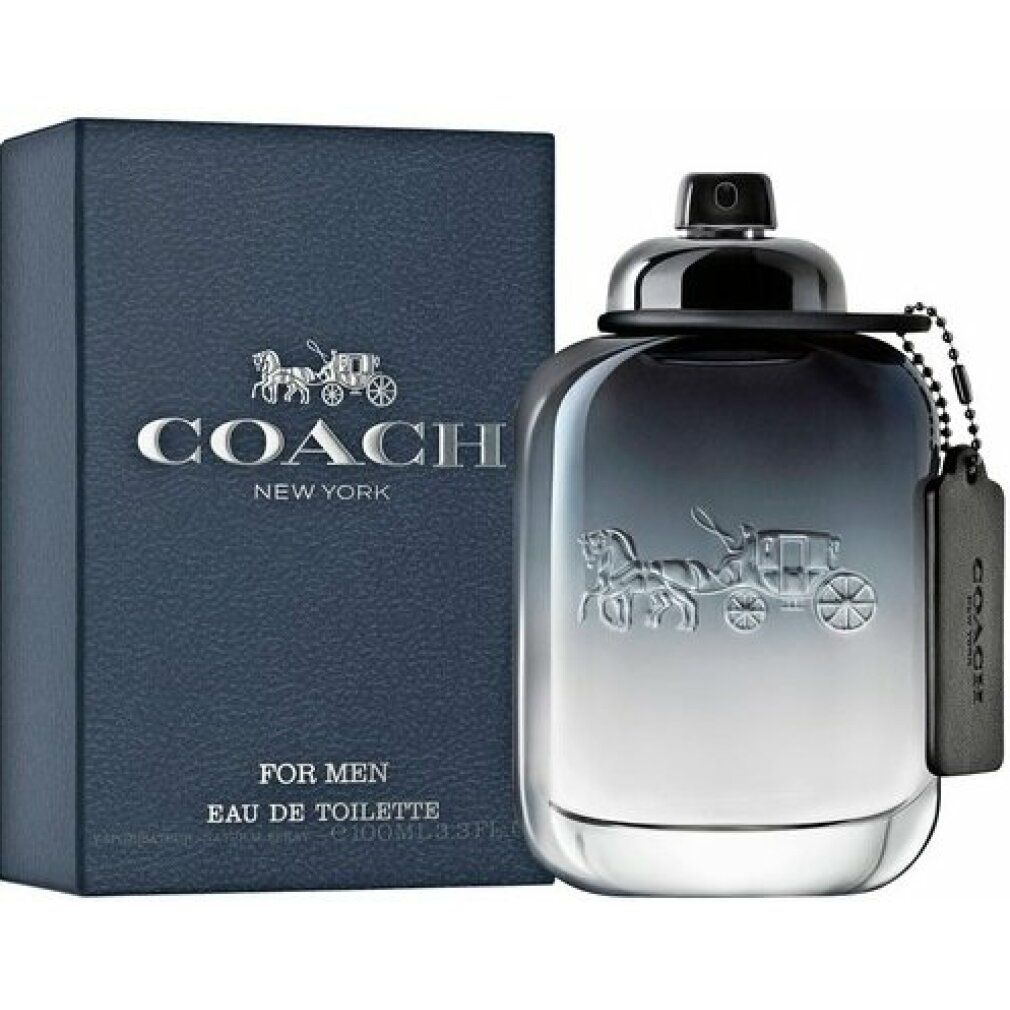 Coach For Men Eau de Toilette. Flakon und Verpackung. Blaue Verpackung mit Logo und Schriftzug. Flakon mit Anhänger.