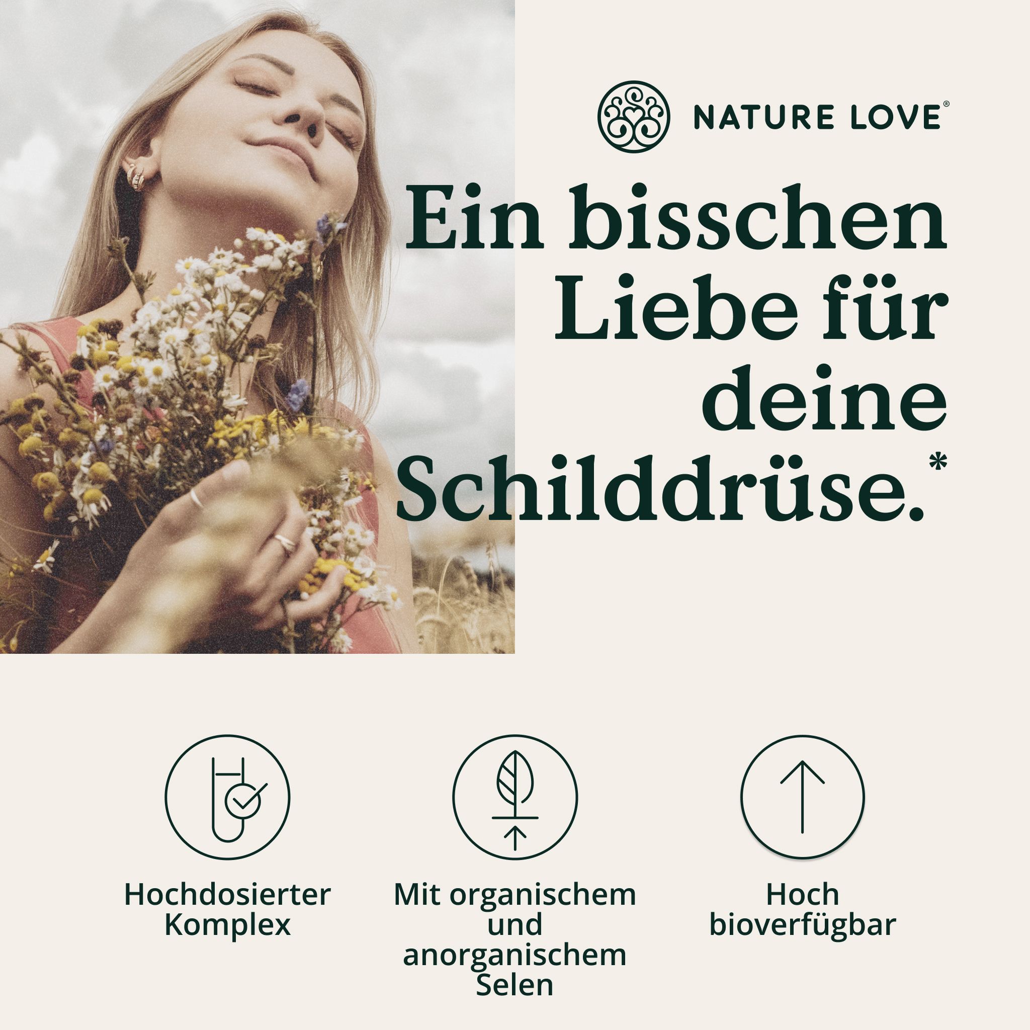 Frau mit Blumenstrauß, Text: Ein bisschen Liebe für deine Schilddrüse.
