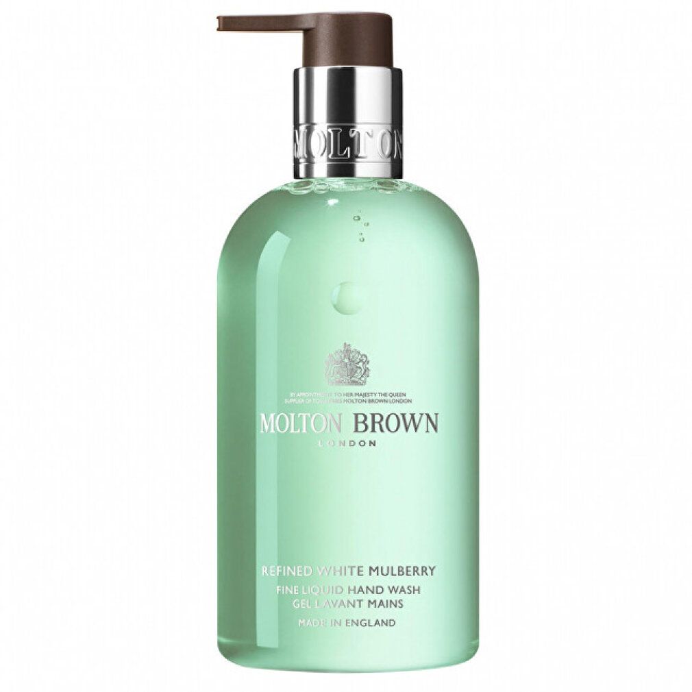 Grüne Flasche mit silbernem Spender. Aufschrift: Molton Brown London, Refined White Mulberry Fine Liquid Hand Wash.