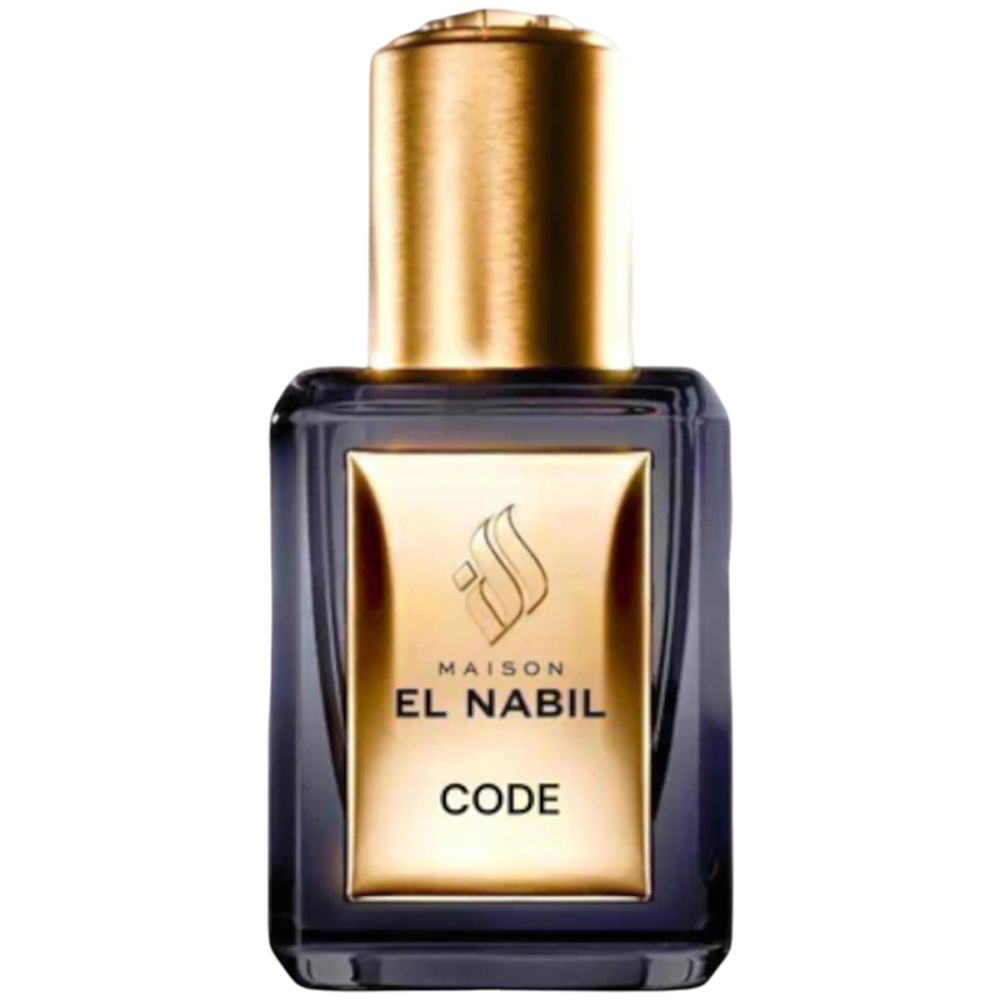 Dunkelblaue Parfumflasche mit goldfarbenem Verschluss. Auf dem Etikett steht "MAISON EL NABIL CODE".
