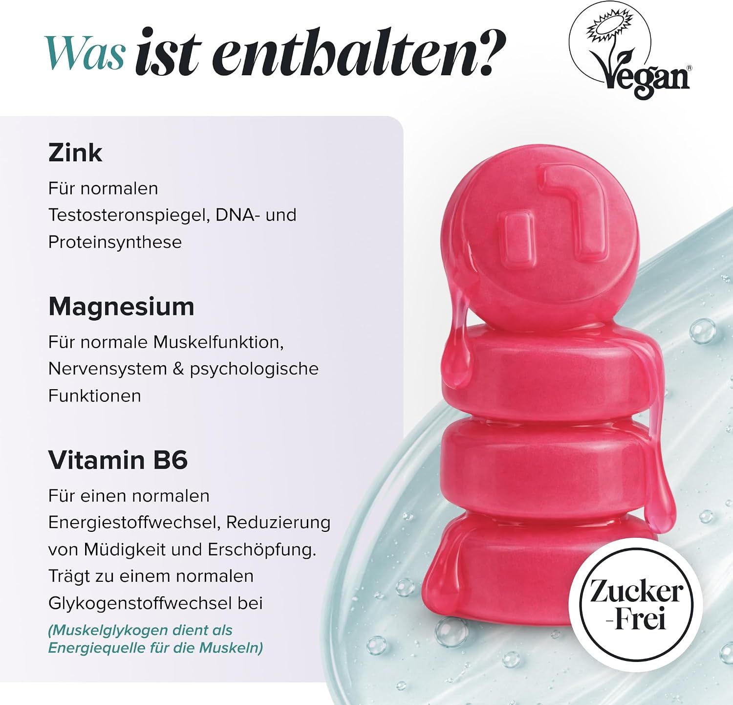 Zink, Magnesium und Vitamin B6 in Gummiform, zuckerfrei und vegan.