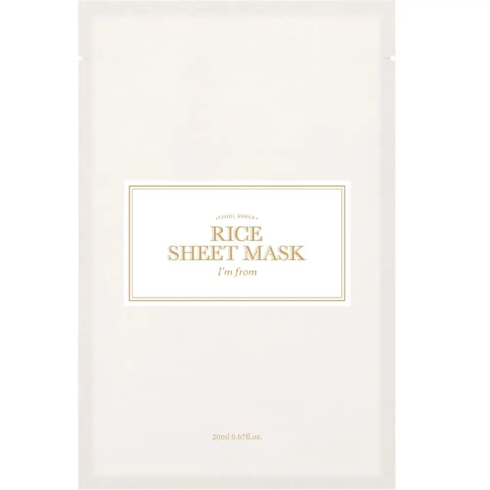 Reis-Tuchmaske in weißem Beutel. Text: Rice Sheet Mask, i'm from. 20ml.