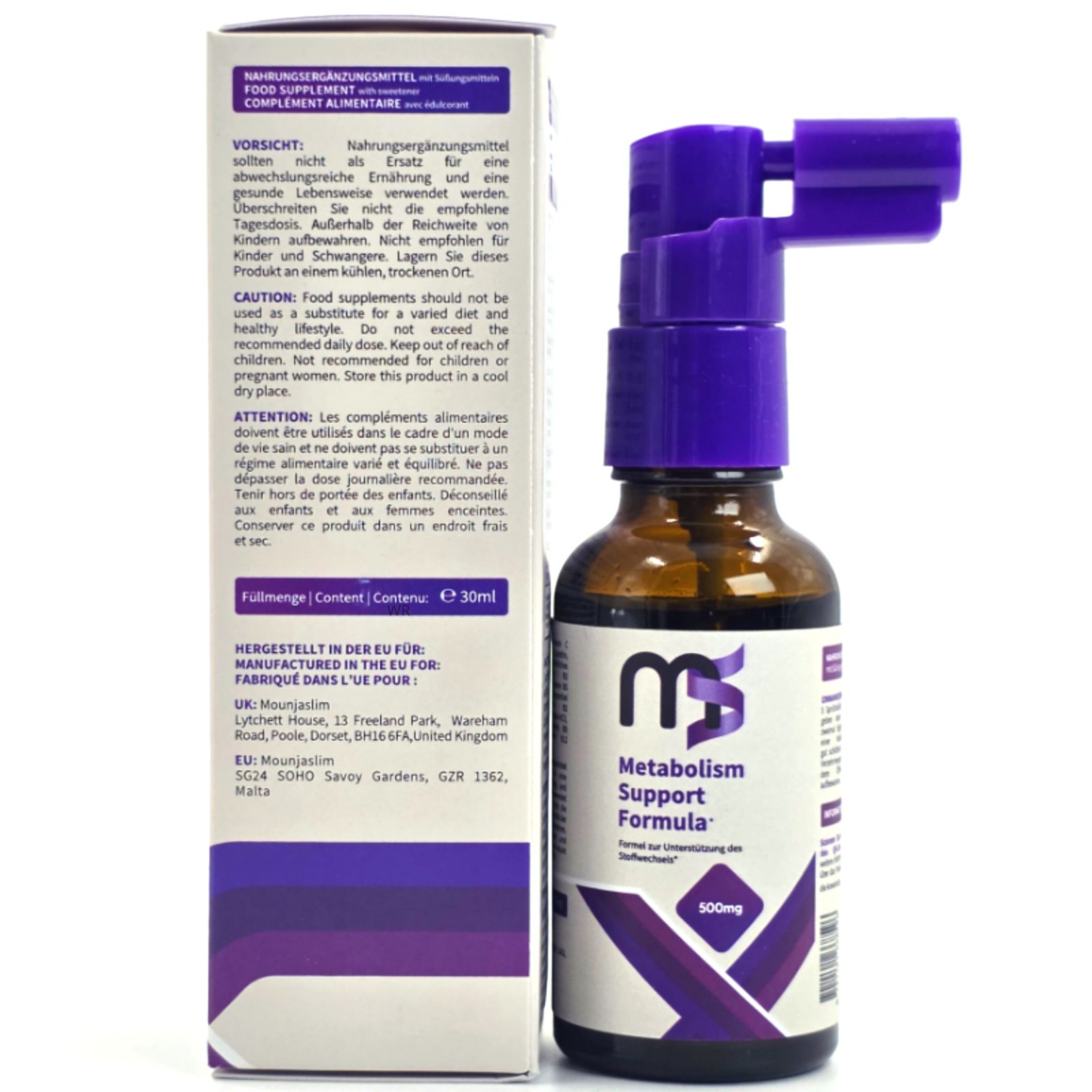 Braune Glasflasche mit lila Sprühkopf und Schachtel. Aufschrift: MS, Metabolism Support Formula, 500mg. Produkt und Verpackung.