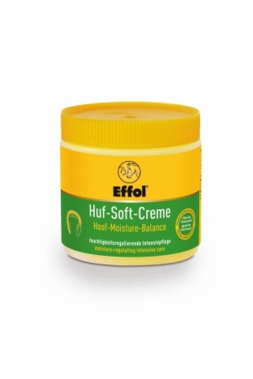 Gelbes Tiegel mit Deckel. Aufschrift: Effol Huf-Soft-Creme, Hoof-Moisture-Balance. Grün-weißer Aufkleber mit Hufeisen-Symbol.