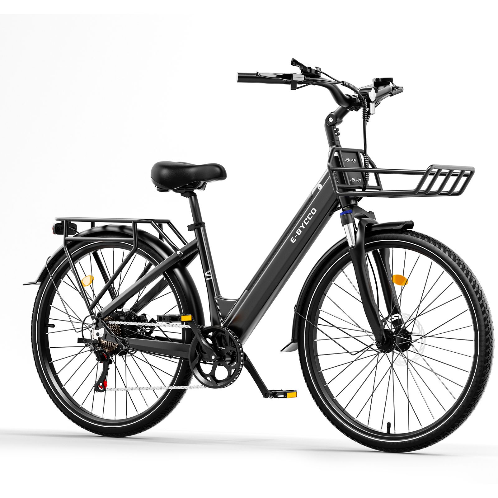 Schwarzes E-Bike mit Korb und Gepäckträger. Marke E-BYCCO.