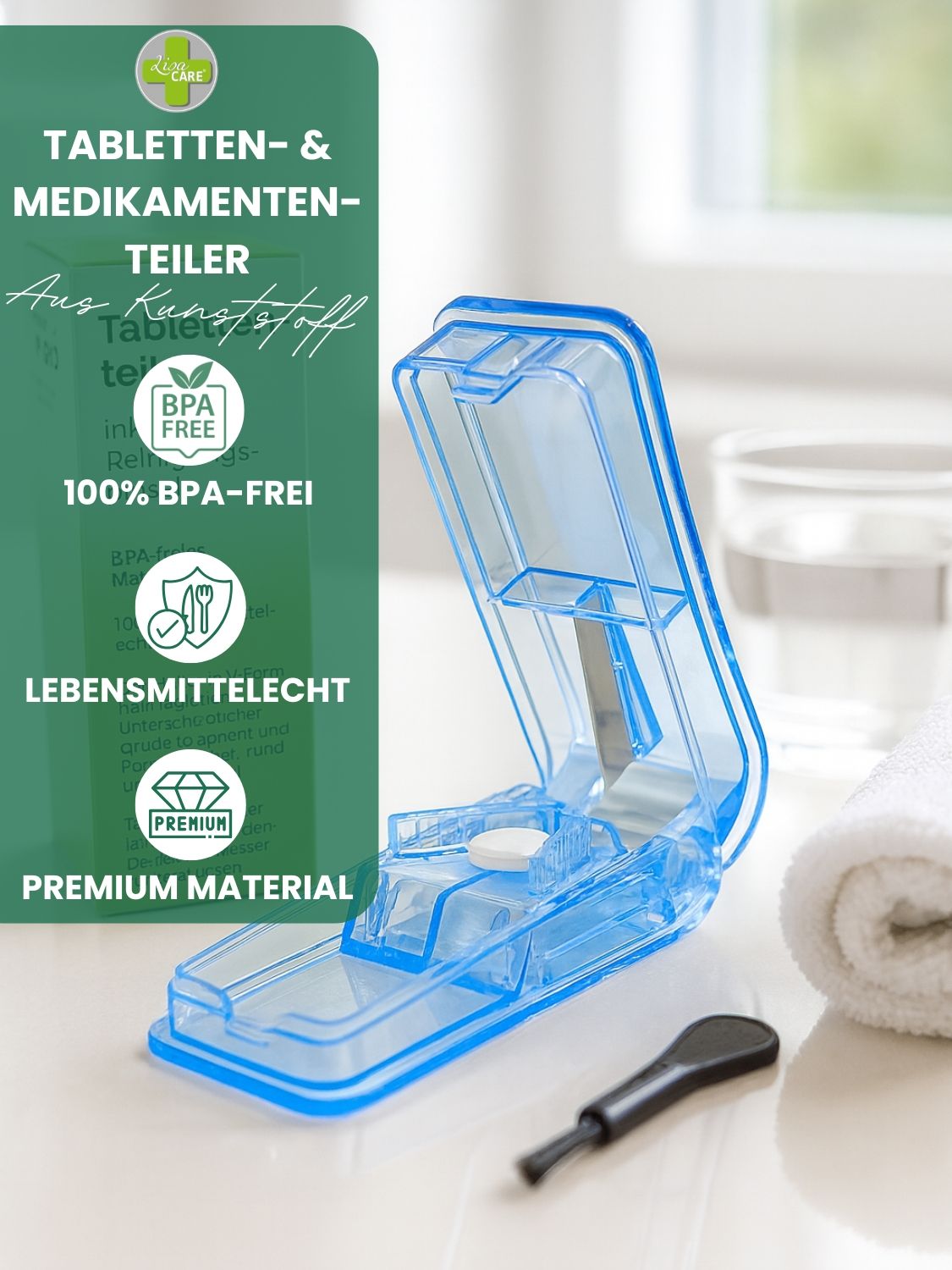 Blauer Tablettenteiler, BPA-frei, lebensmittelecht. Premium Material. Reinigungsbürste.