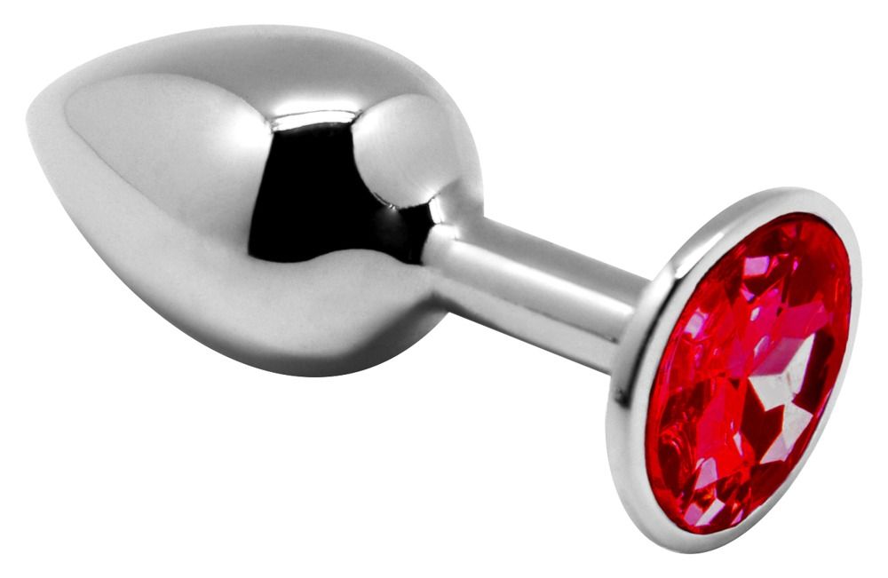 Metall-Analplug mit rotem Schmuckstein. Silberfarbenes Metall, roter Stein.