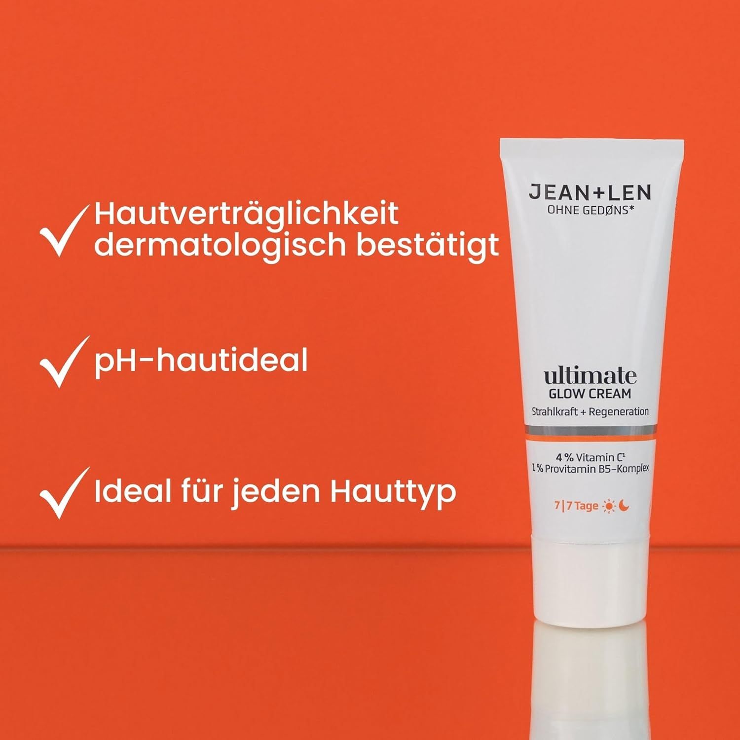 Weiße Tube mit Produktnamen. Text: Hautverträglichkeit dermatologisch bestätigt, pH-hautideal, Ideal für jeden Hauttyp.