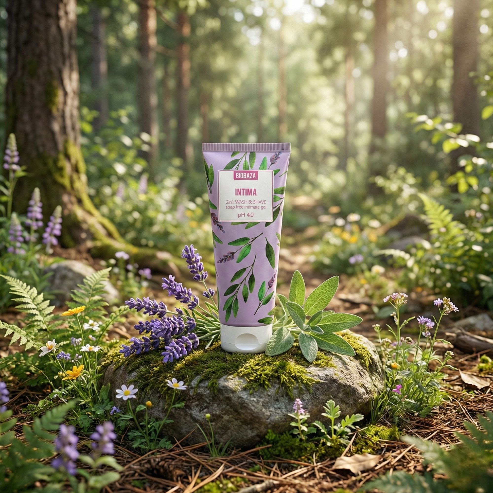 Lila Tube mit Produktnamen und floralem Design. Auf einem Stein mit Pflanzen und Blumen im Hintergrund.